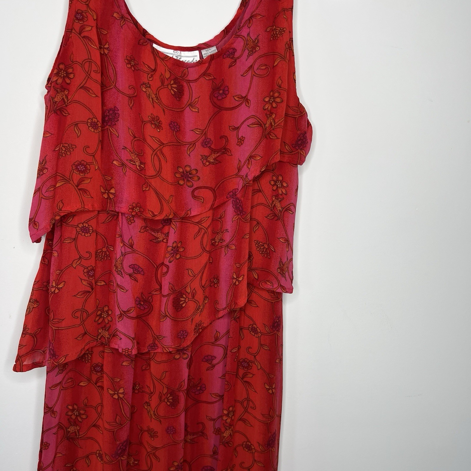 Sacred Threads Dress Womens M/L Red Chiffon Floral Boho Layered Festival India