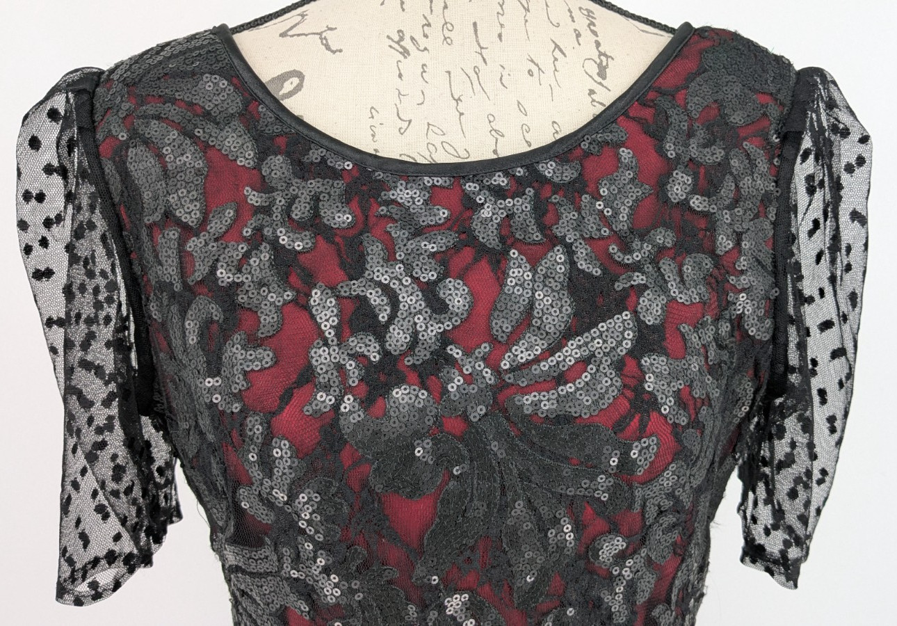 CACH’E Formal Dress Size 12 Black Sequins over Red Lining NWT