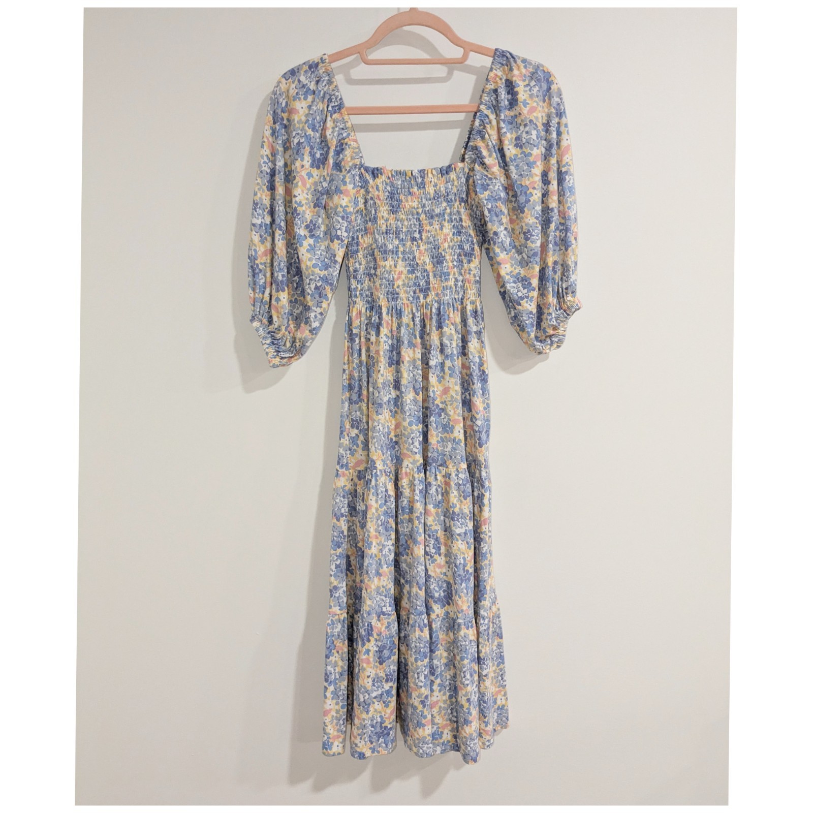 Polo Ralph Lauren Floral Shirred Cotton-Blend Midi Dress Blue Yellow Womens XXS