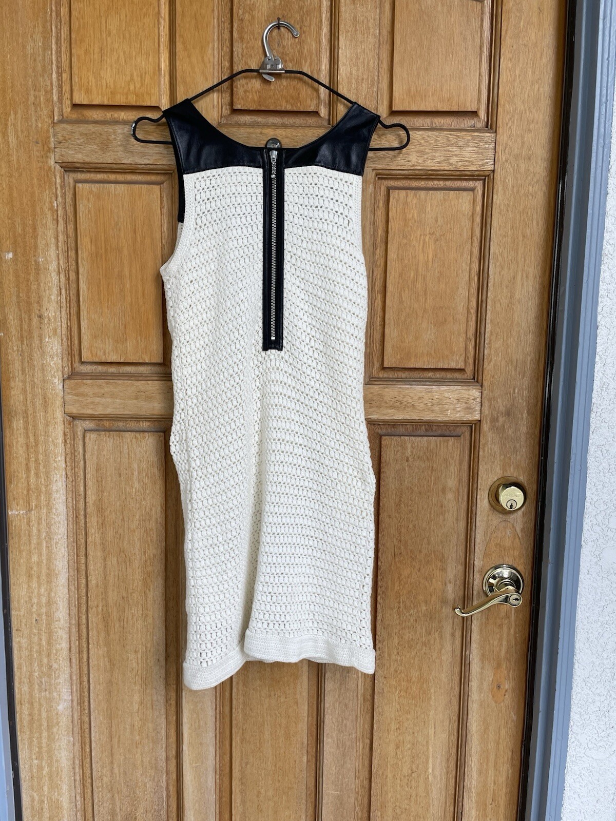 Sandro Mini Cotton Knit dress genuine sheepskin leather collar SZ:1