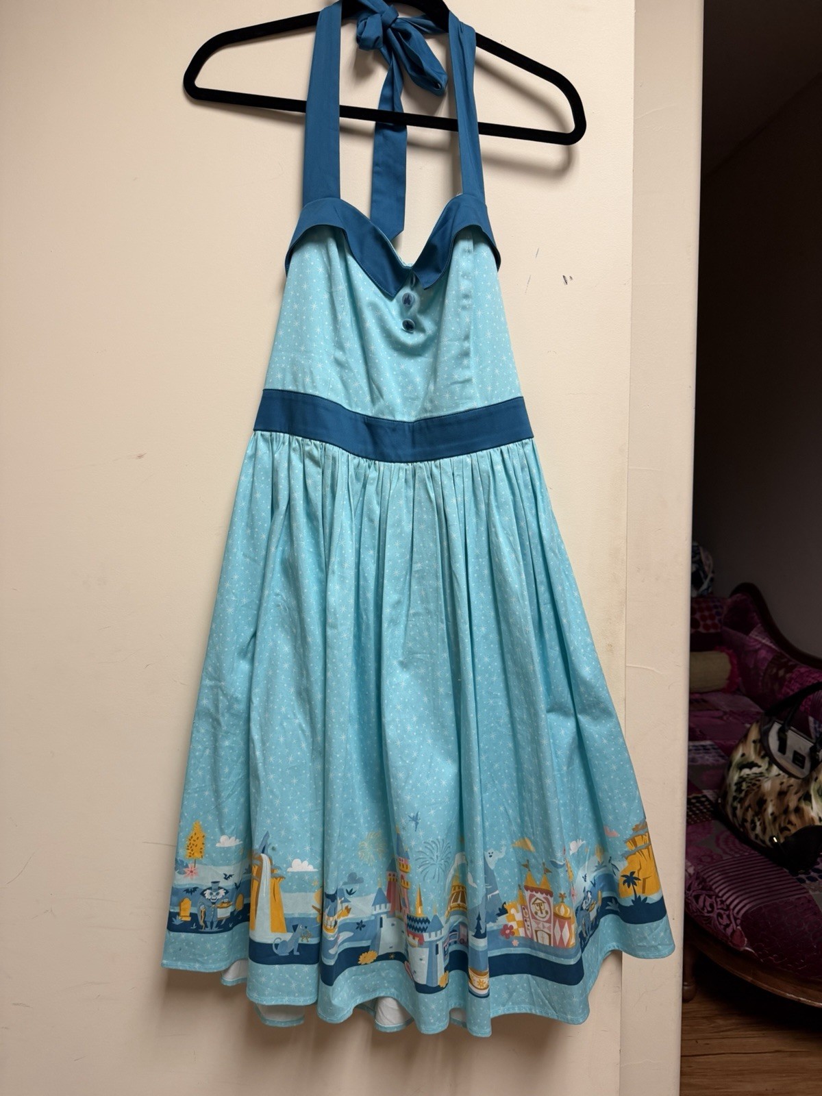 Disney Parks Dress Shop Size L Magic Kingdom Retro Fit Flare Halter Swing Aqua
