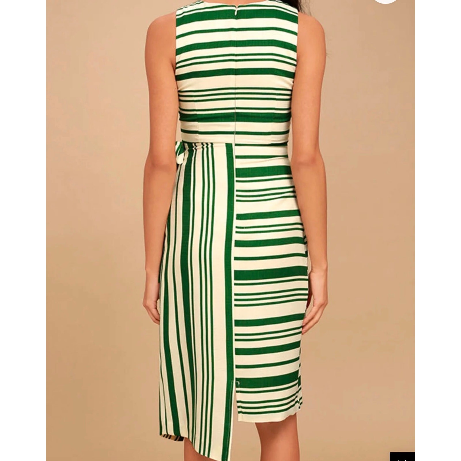 J.O.A. Faustina Green and Cream Striped Midi Wrap Dress.