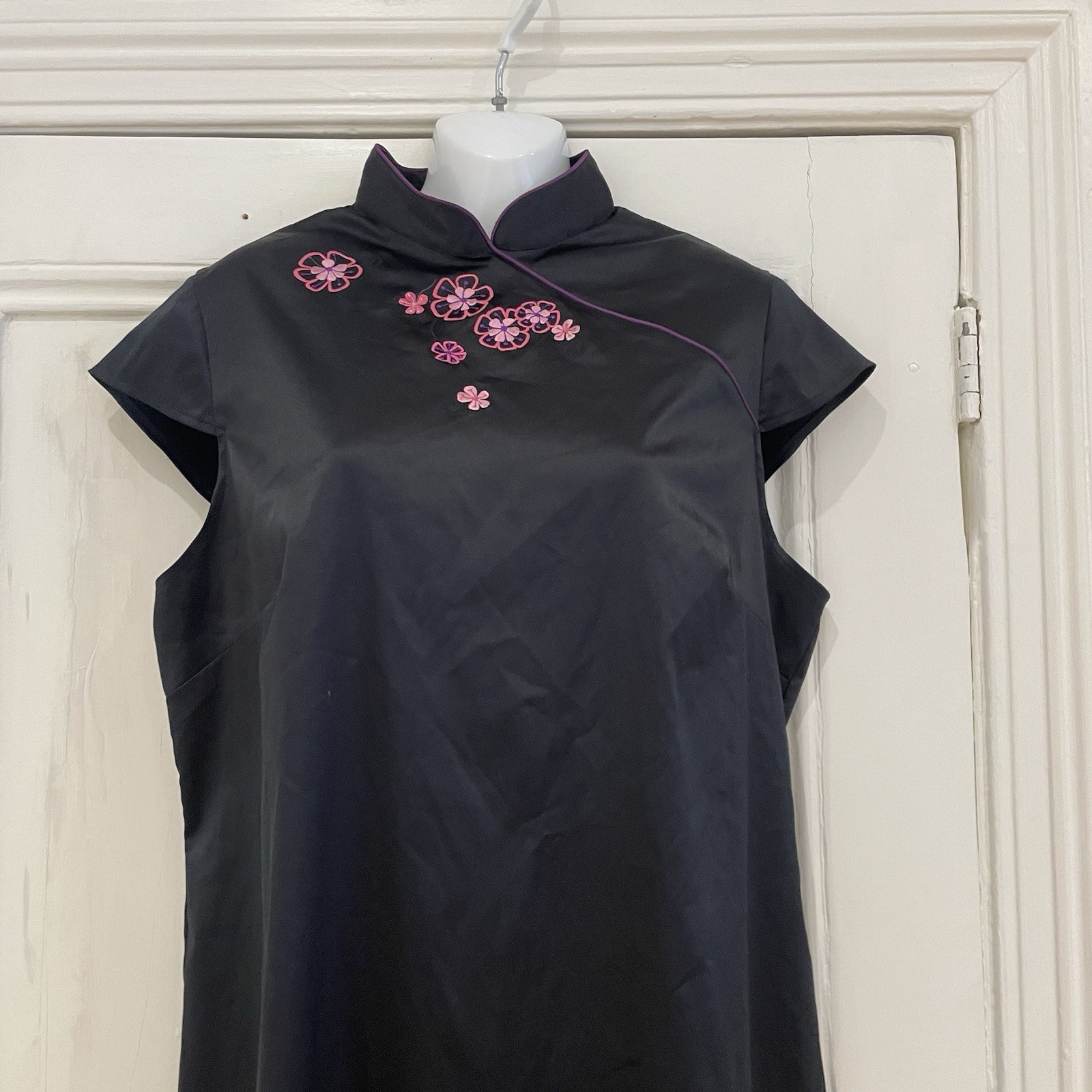 Dorothy Perkins Black Chinese Oriental Style Dress – UK 18 – Black Sateen Pink