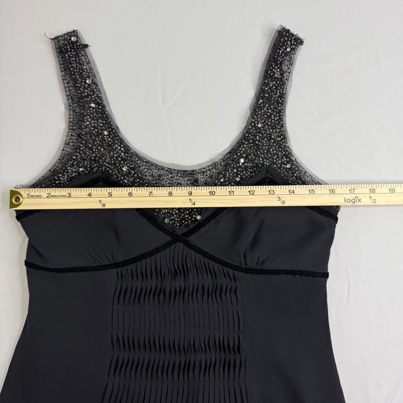 BCBGMAXAZRIA Black Beaded Silk Mesh Mini Dress Velvet Trim Smocked Size 8 LBD