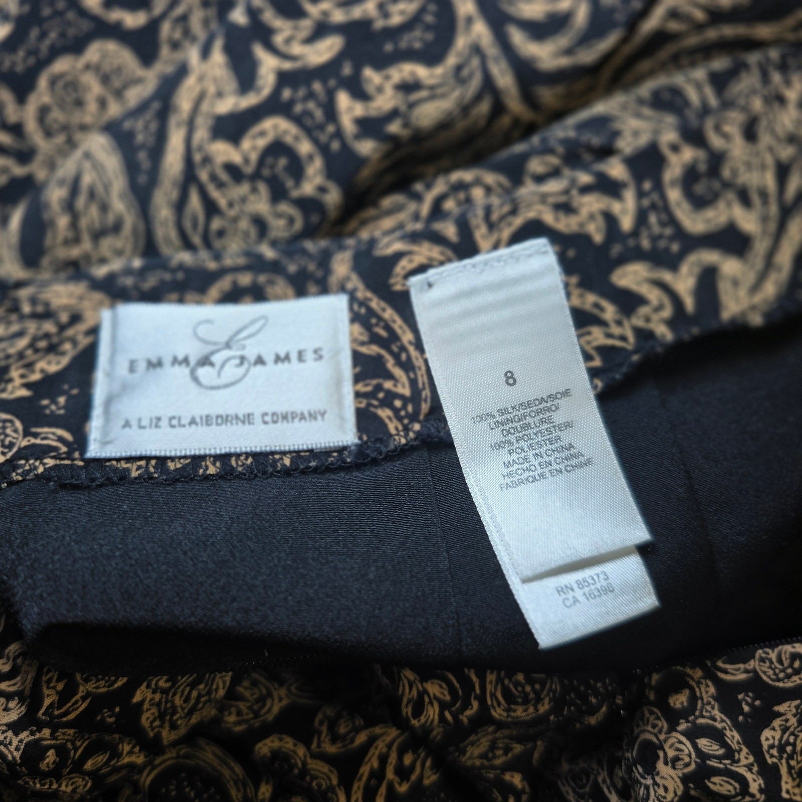 VTG Emma James Liz Claiborne 100% Silk Paisley Midi Maxi Skirt Size 8 Black Gold