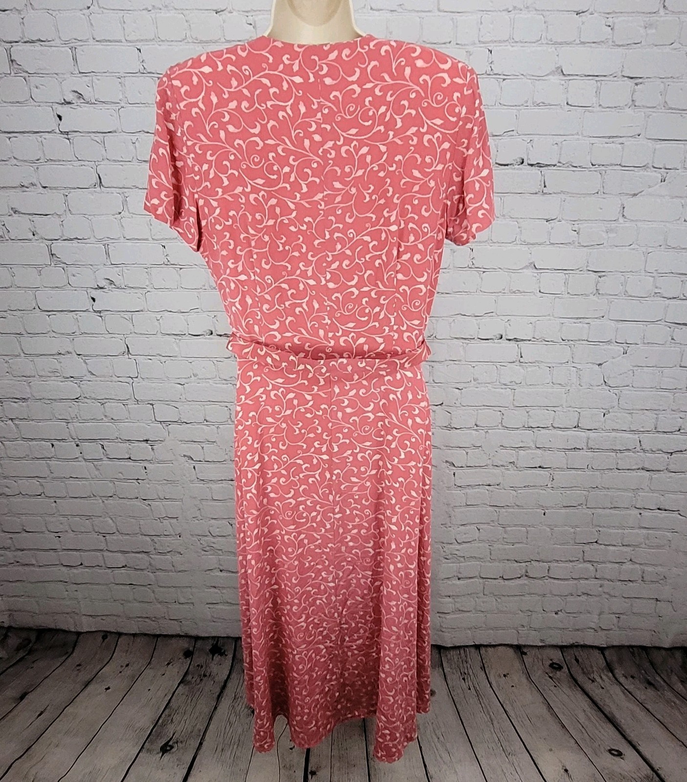 Papillon Pink 100% Silk Leaf Print Short Sleeve Belted Lined Long Wrap Dress 16