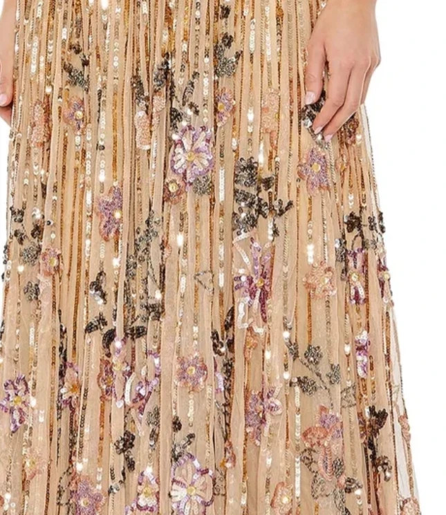 Mac Duggal Copper Flounce Sleeve Floral Embellished V-Neck Gown Size 12 $798
