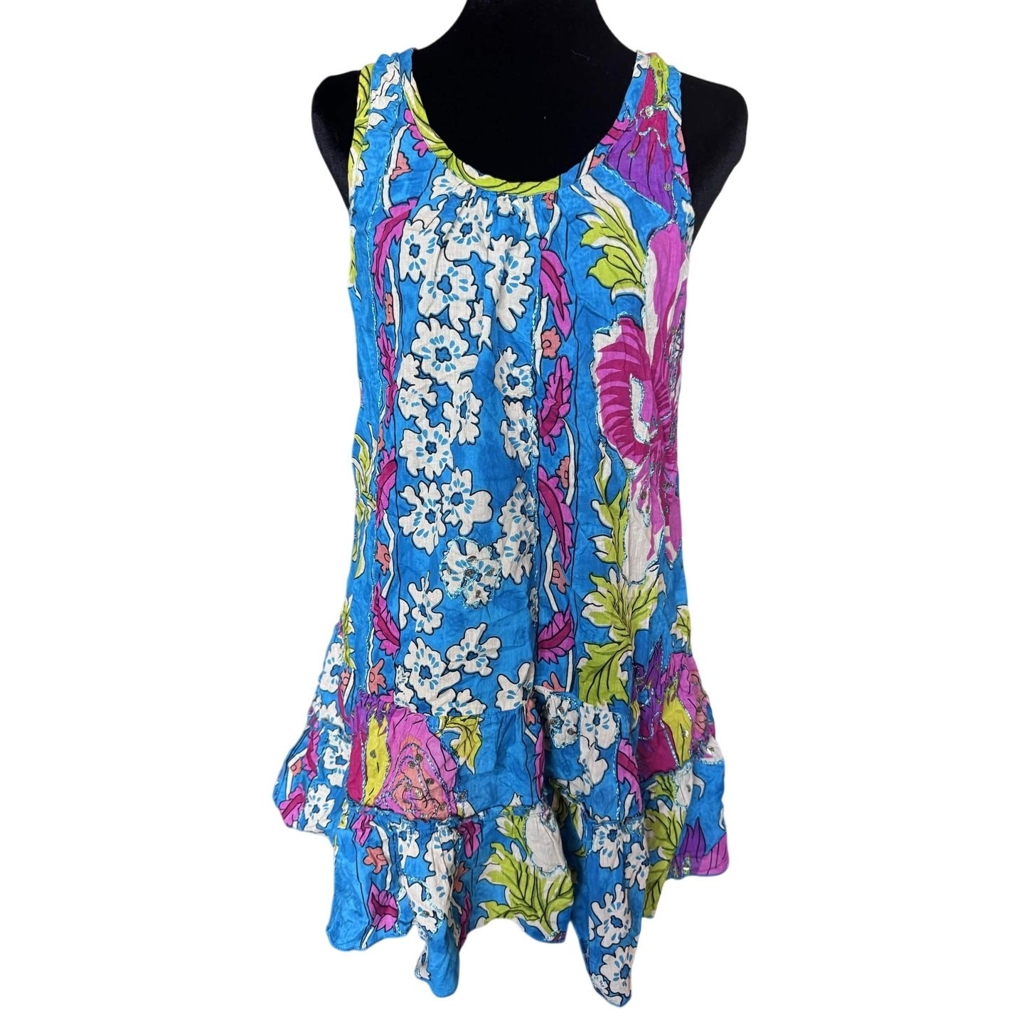 Kaktus Floral Sundress Blue Pink Ruffle Maximalist Resort Vacation Small