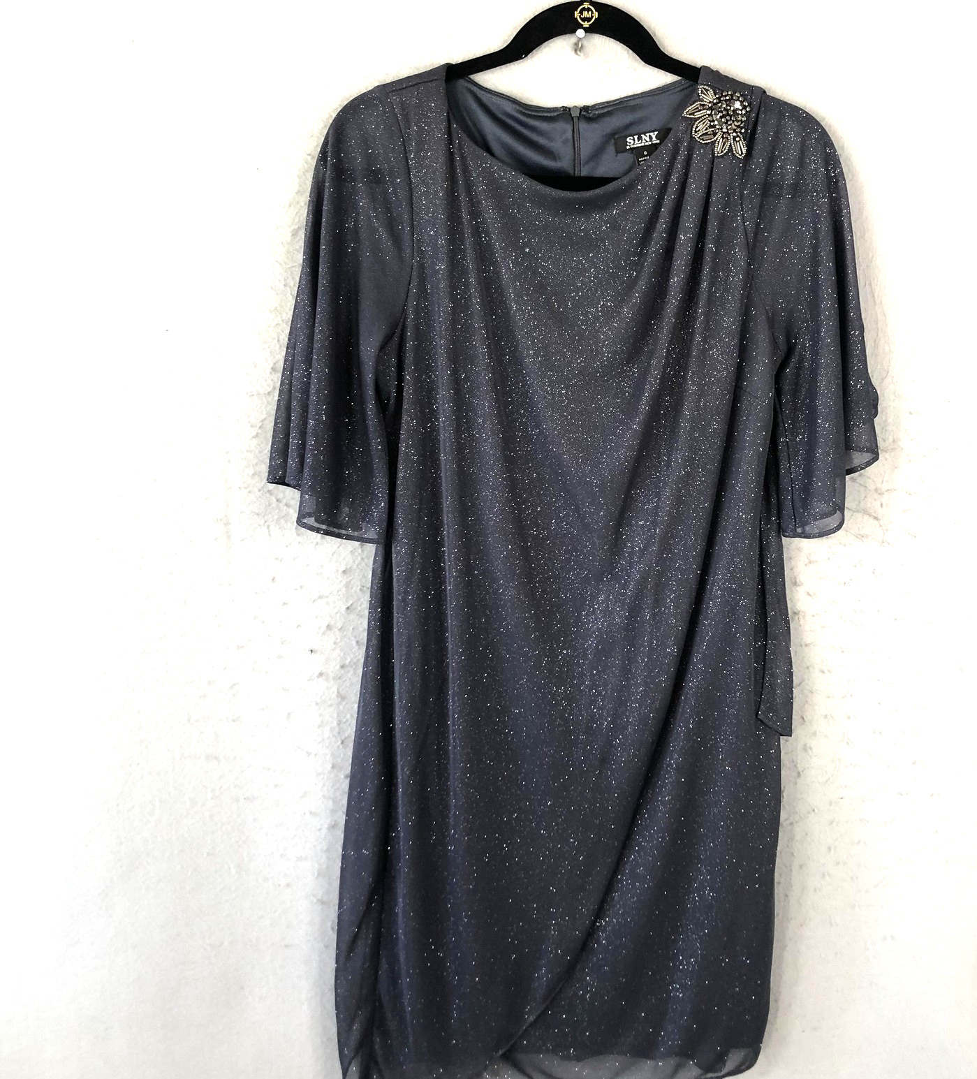 Party Dress Womens Size 6 Gray Silver Beaded Cape Overlay Sheath Cocktail Formal