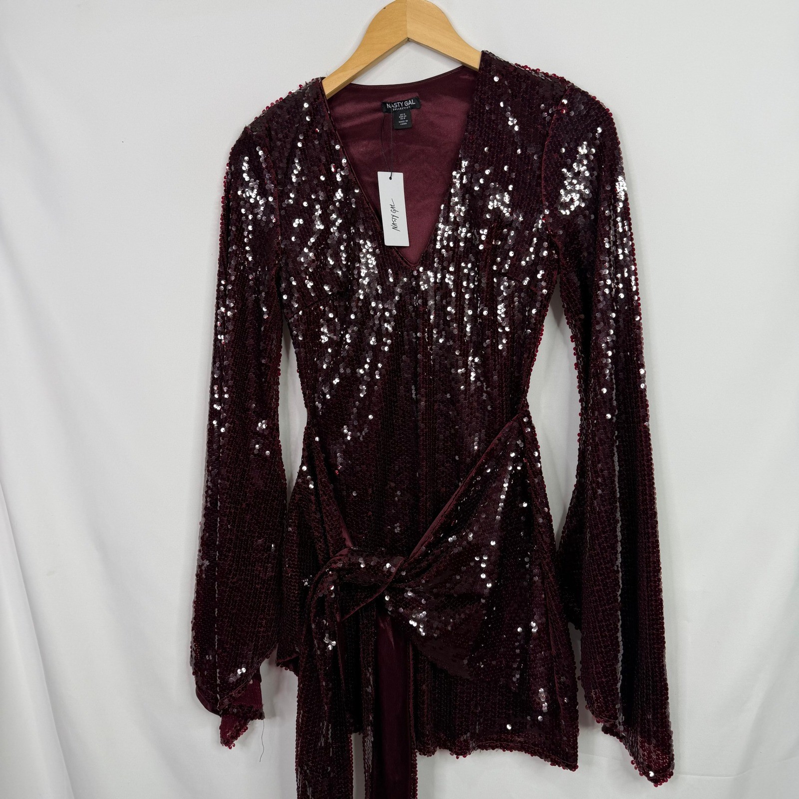 Nasty Gal Sequin Flared Sleeve Tie Front Mini Dress Size 0 NWT
