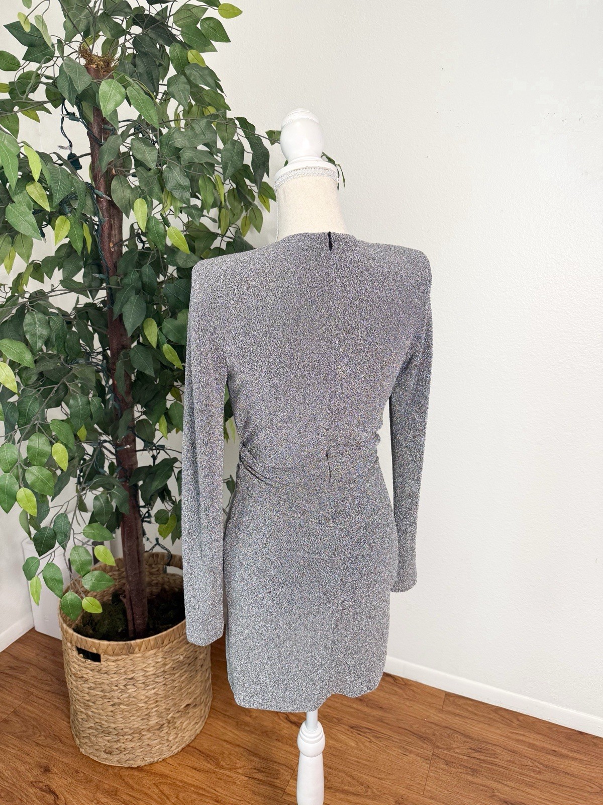 ZARA Silver Metallic V-Neck Bodycon Mini Dress Size S