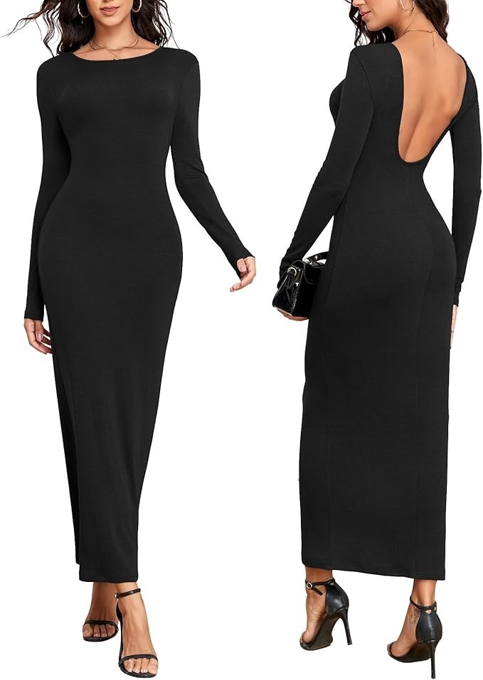 Women’s Long Sleeve Open Back Bodycon Maxi Dress Fall Knit Formal Dress (Size L)