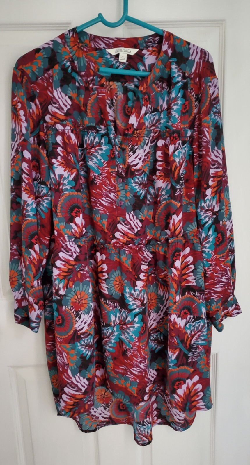 THE PIONEER WOMAN Size L Flowy Hi-Lo Shift Dress Floral Print Long Sleeve V-Neck