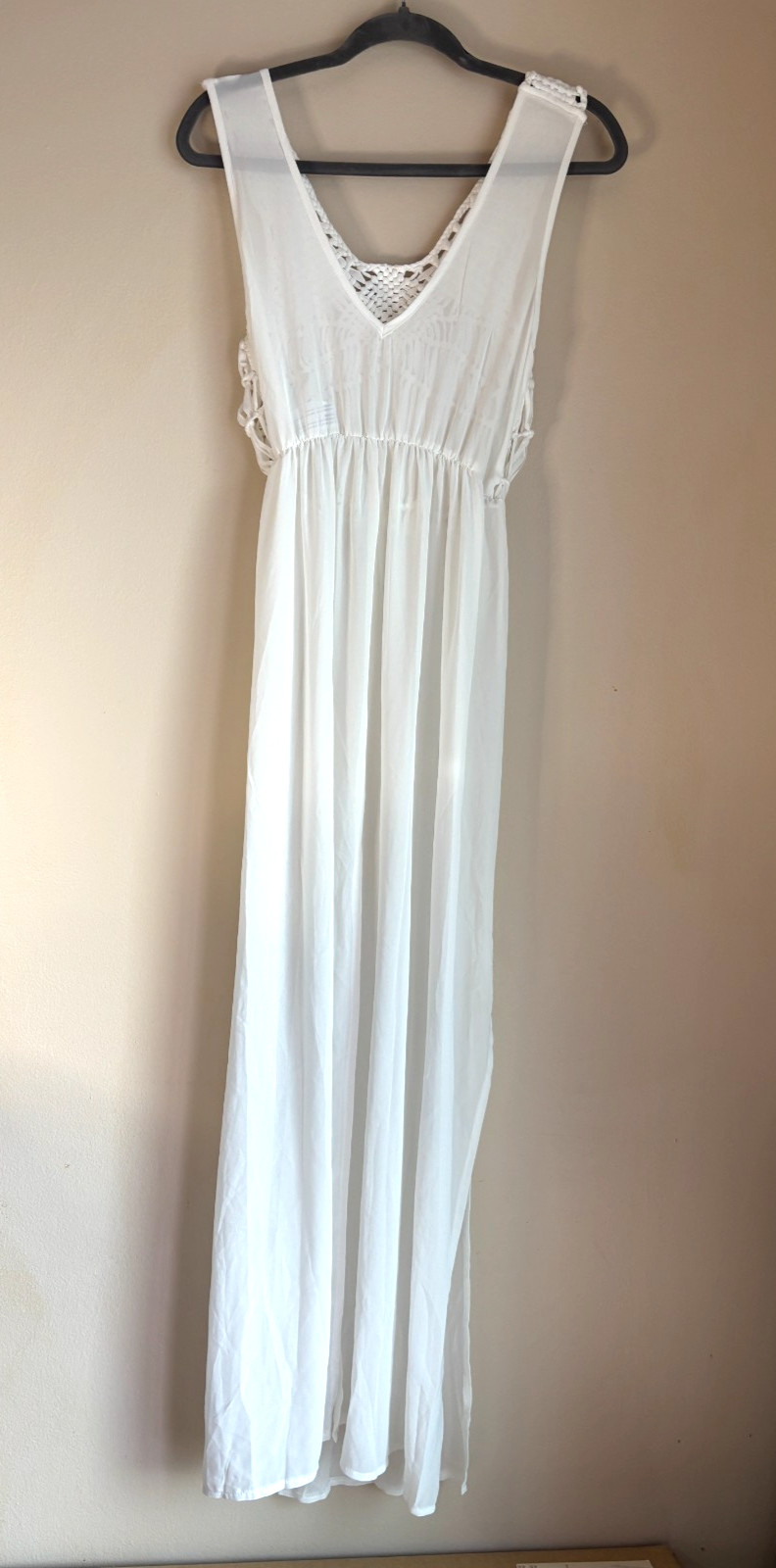 Cupshe Knit Semi Sheer Swim Cover-Up Maxi Dress White Macrame Beach Vacation