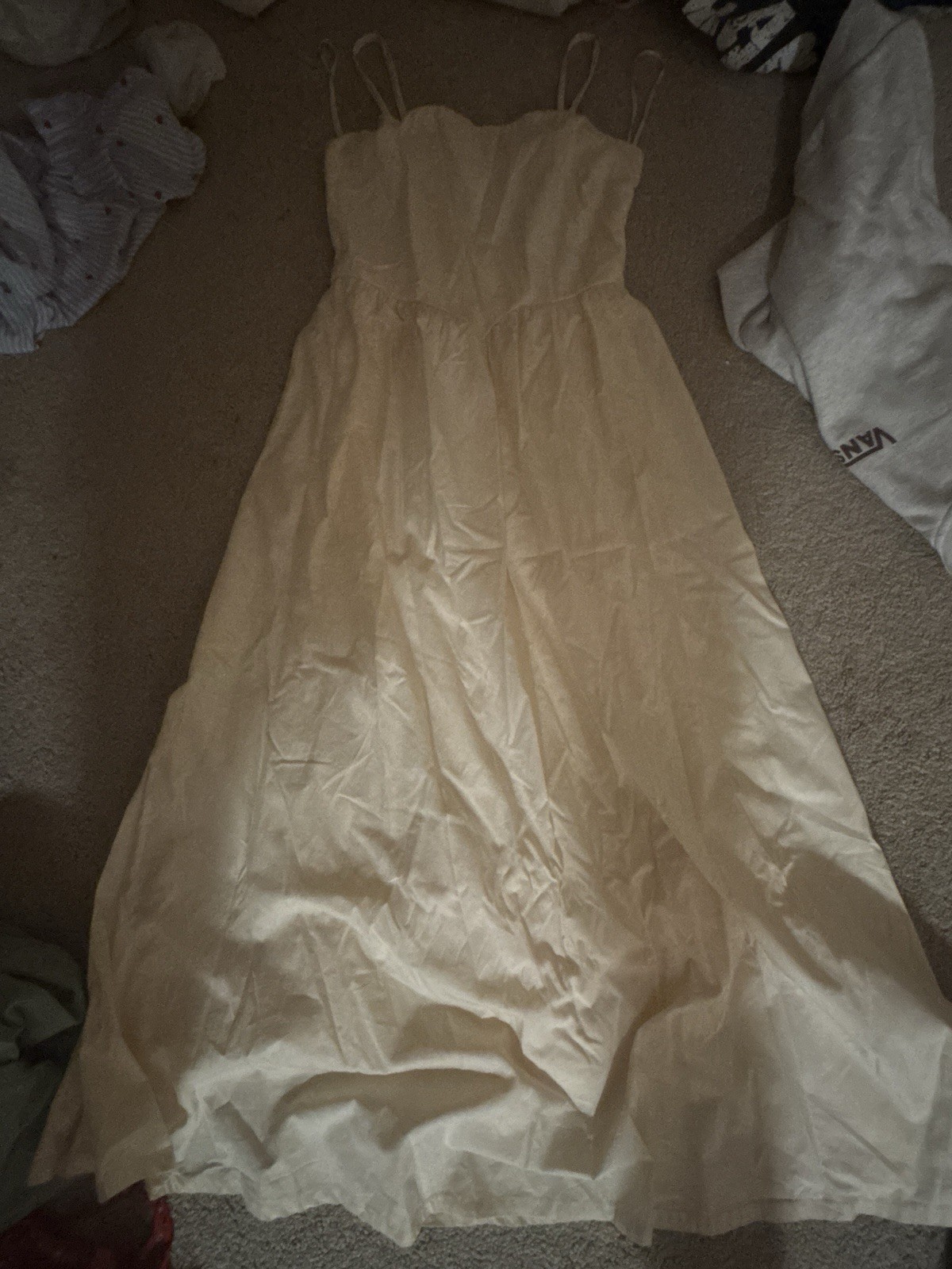 Zara Beige Solid Woven Cotton Straight Neck Smocked Maxi Dress Spaghetti Strap S