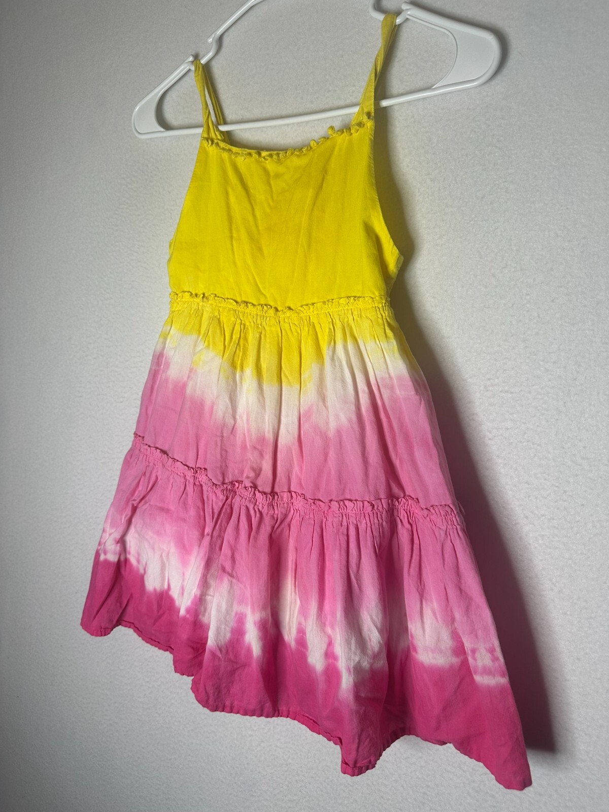 Yellow, White, and Pink Spaghetti Strap Tiered Sundress Girl’s Medium