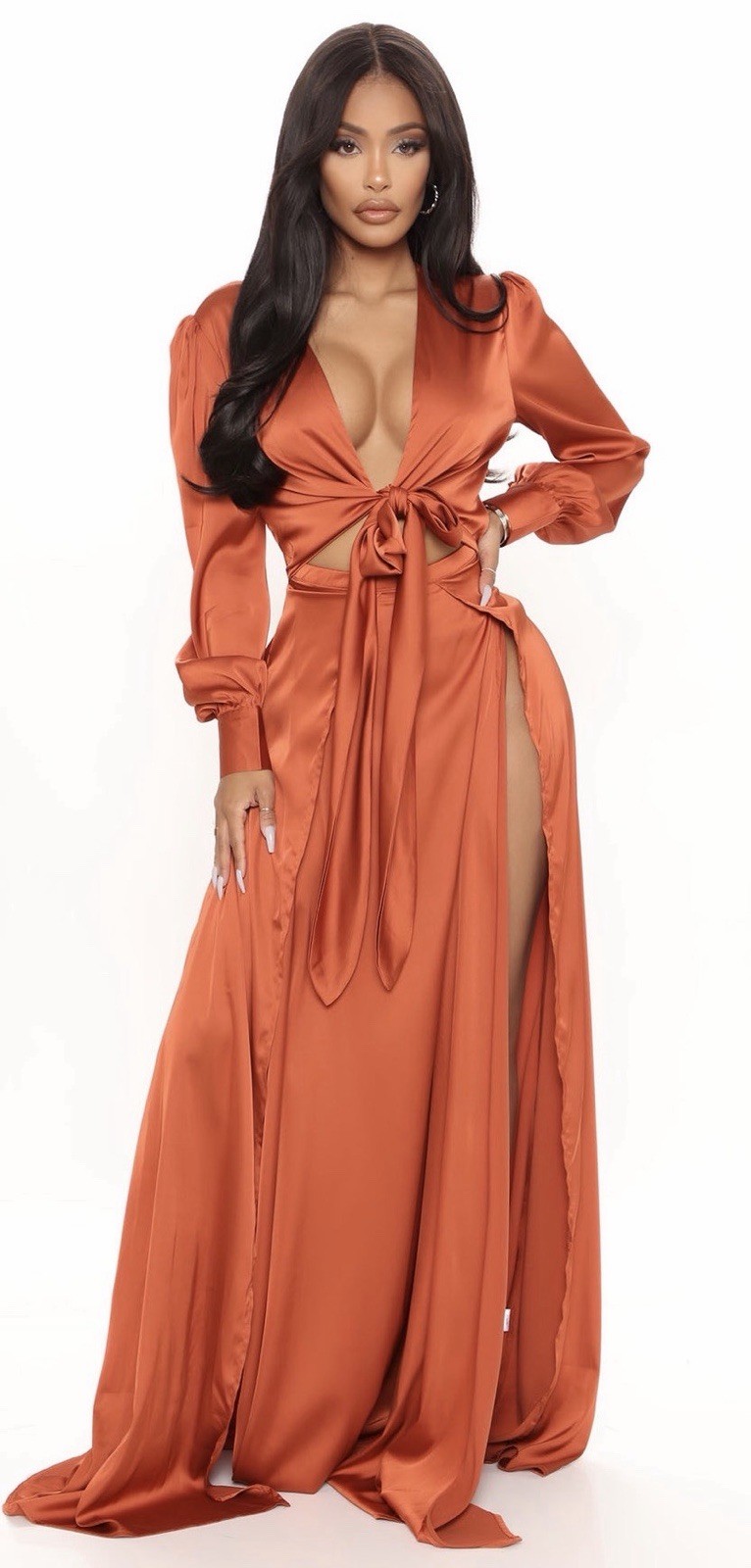 Fashion Nova Orange Satin V-Neck Wrap Maxi Dress Tie Waist Long Sleeve M NWT