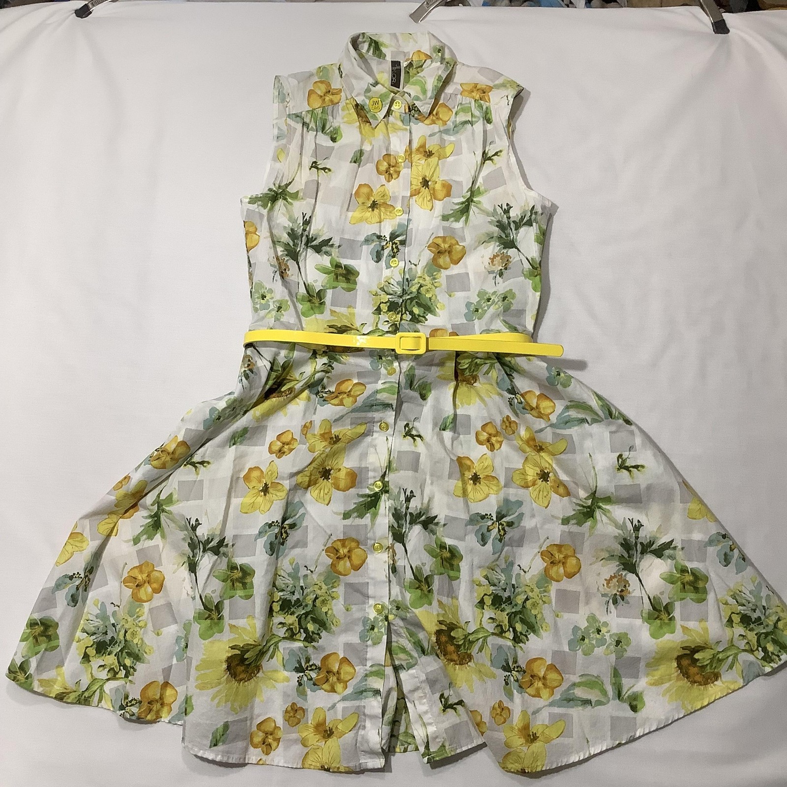 Julian Taylor Dress Womens Medium Yellow Floral Sleeveless Button Front Belt