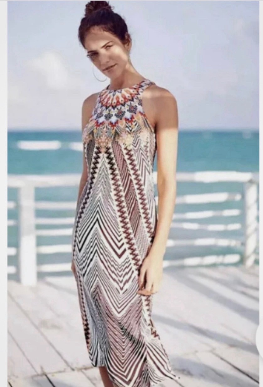 HD in Paris Women’s Maxi Dress Halter Sleeveless Geometric Silk Lined Size 2