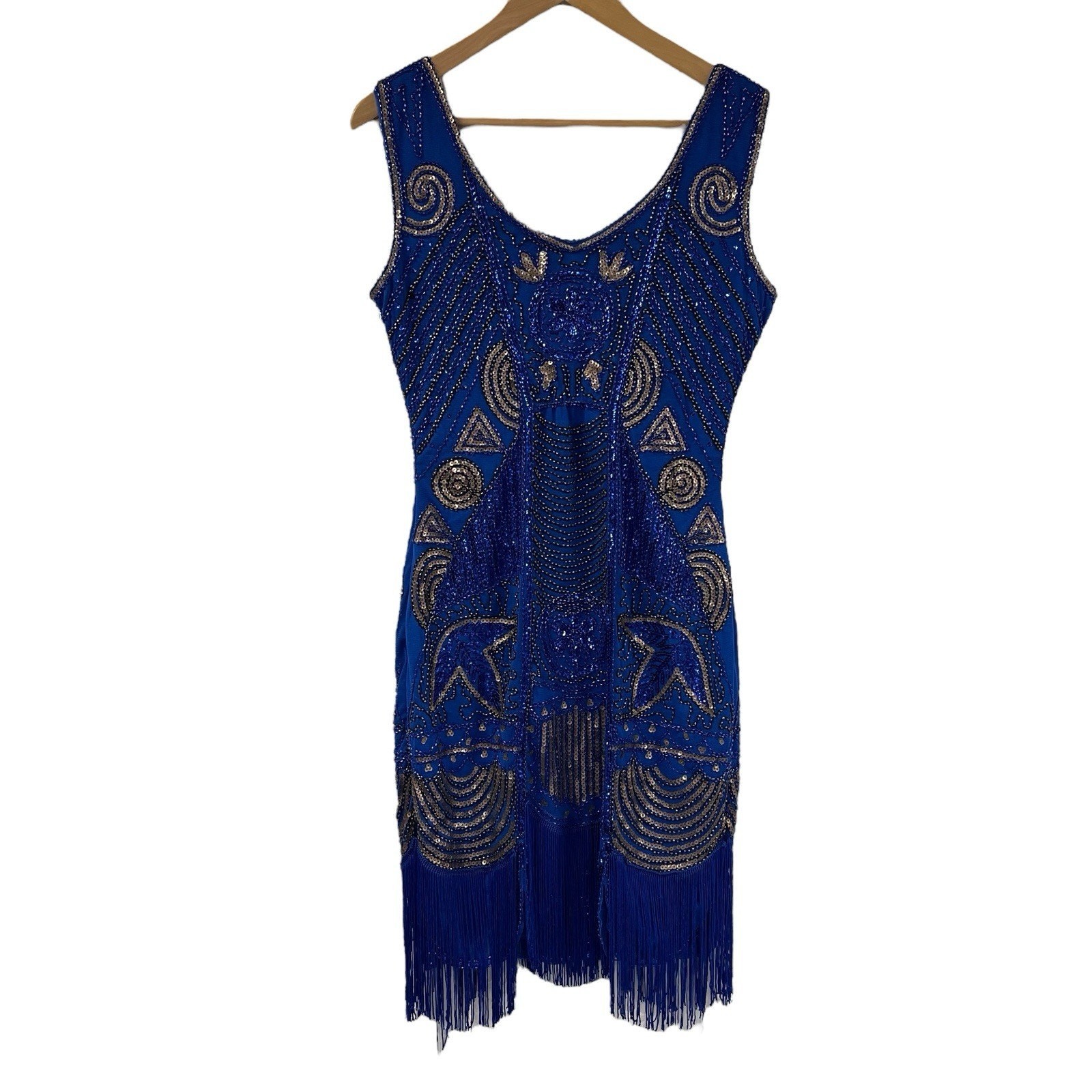 Royal Blue Beaded Sequin Fringe Mini Dress S Unique Vintage Ornate Gatsby