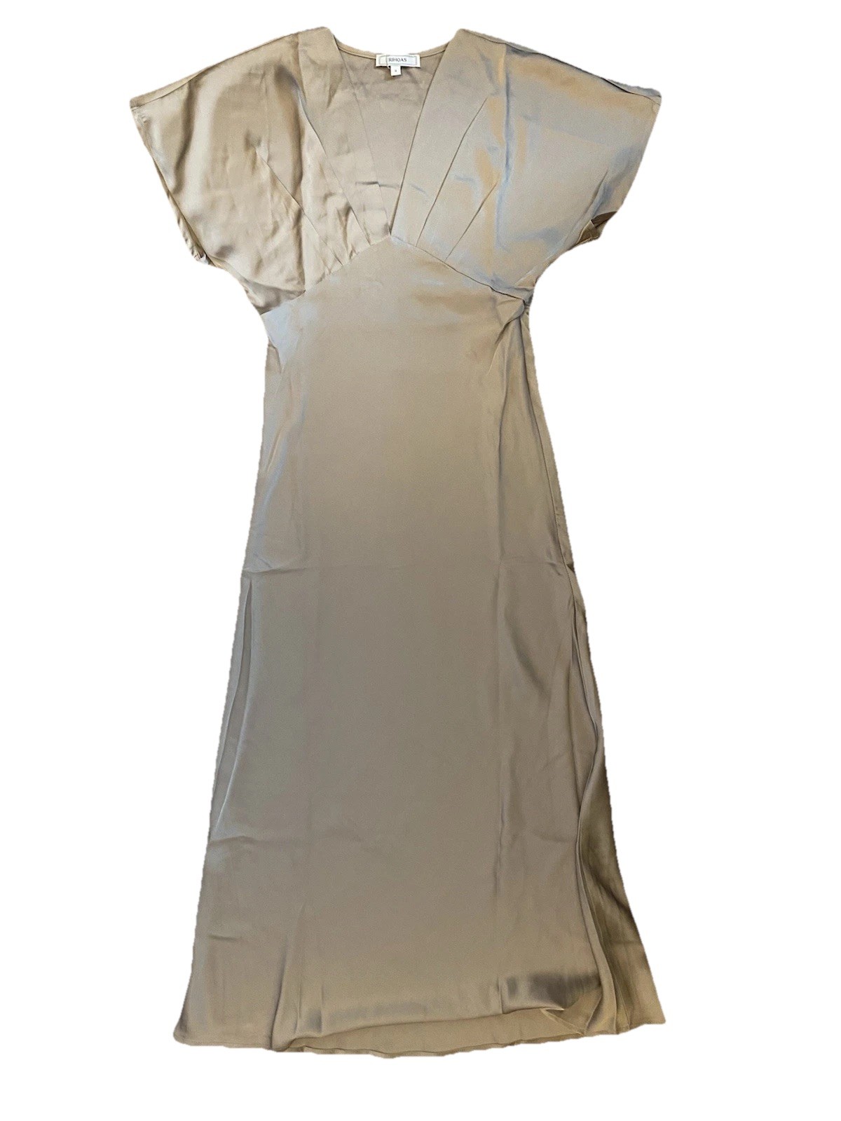 RIHOAS Beige Satin V-Neck Cap Sleeve Pleated A-Line Long Dress NEW Size S