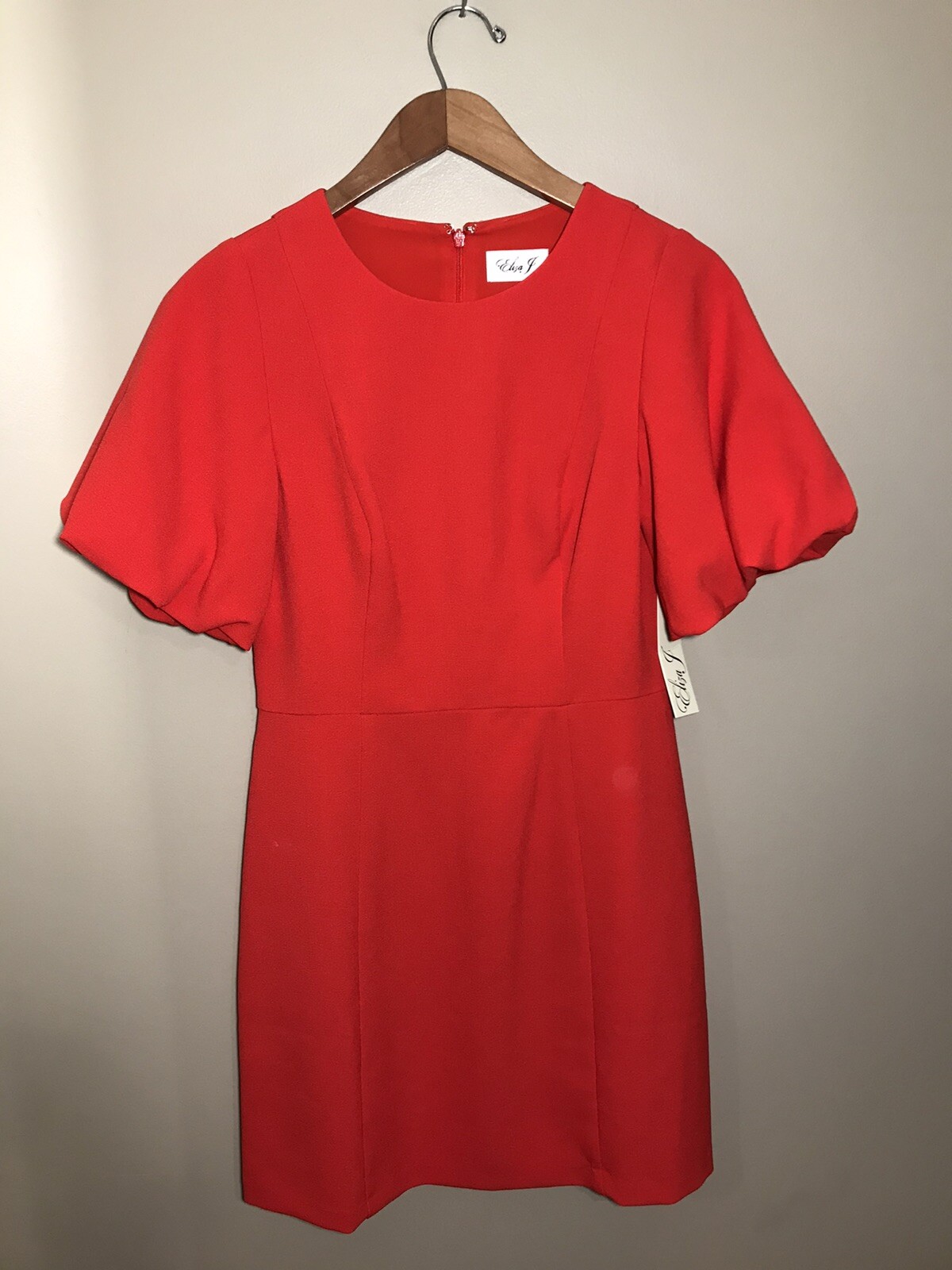 Eliza J Stretch Square Neck Short Puffed Sleeve Sheath Dress Size 6 Red NWT $128