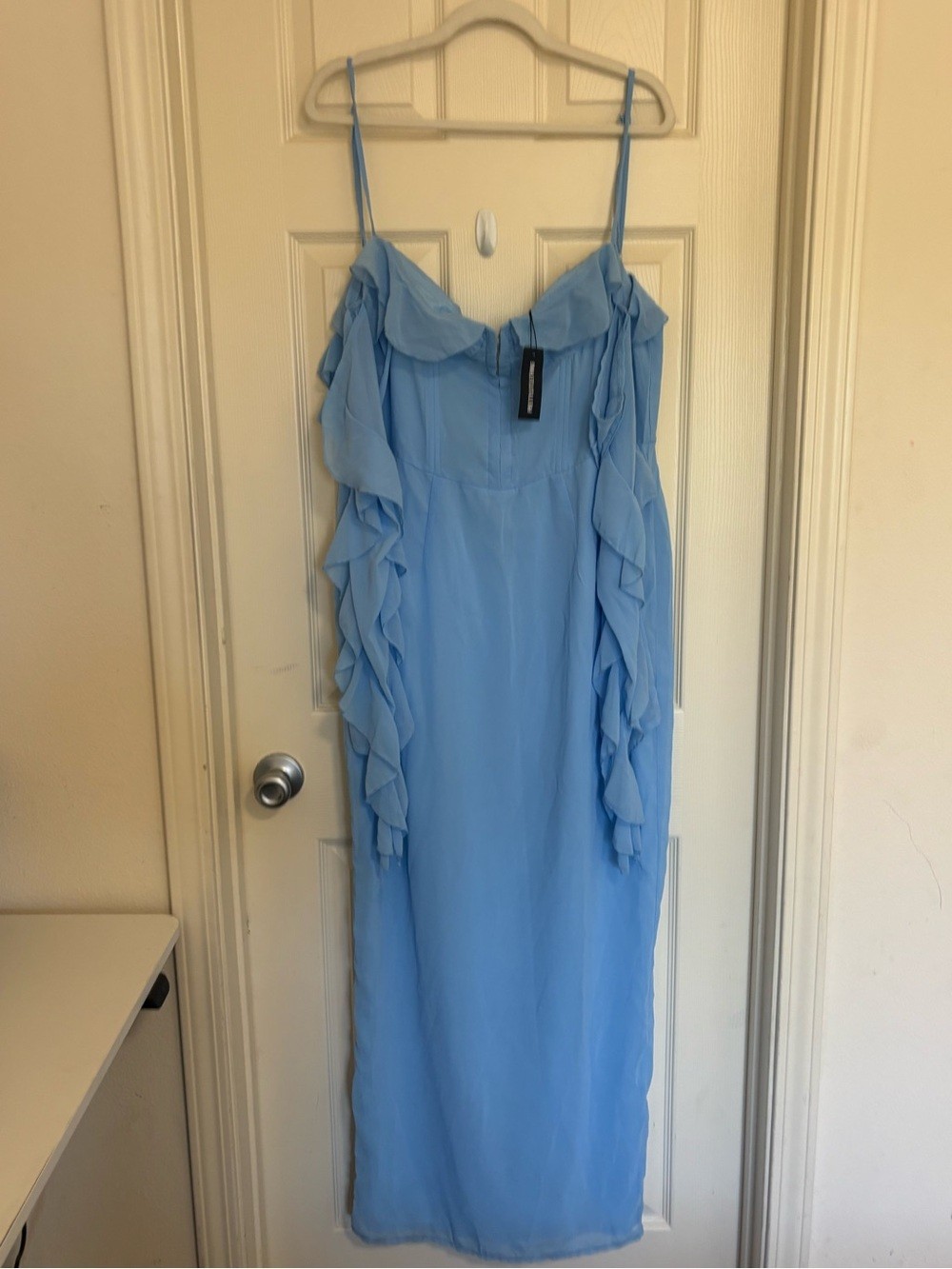 PrettyLittleThing Dusty Blue Ruffle Sleeve Midi Dress – Size US 12 / UK 16