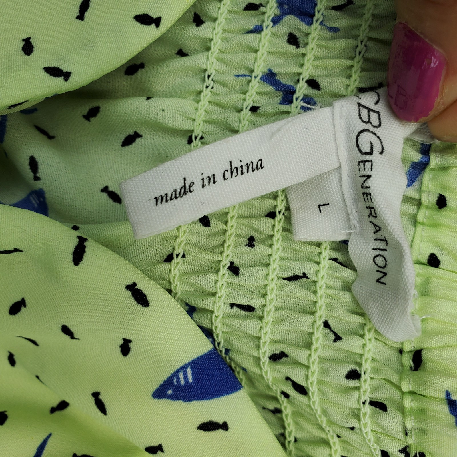 BCBGeneration Dress Womens L Multi Shark Print Sleeveless Smocked Button Front