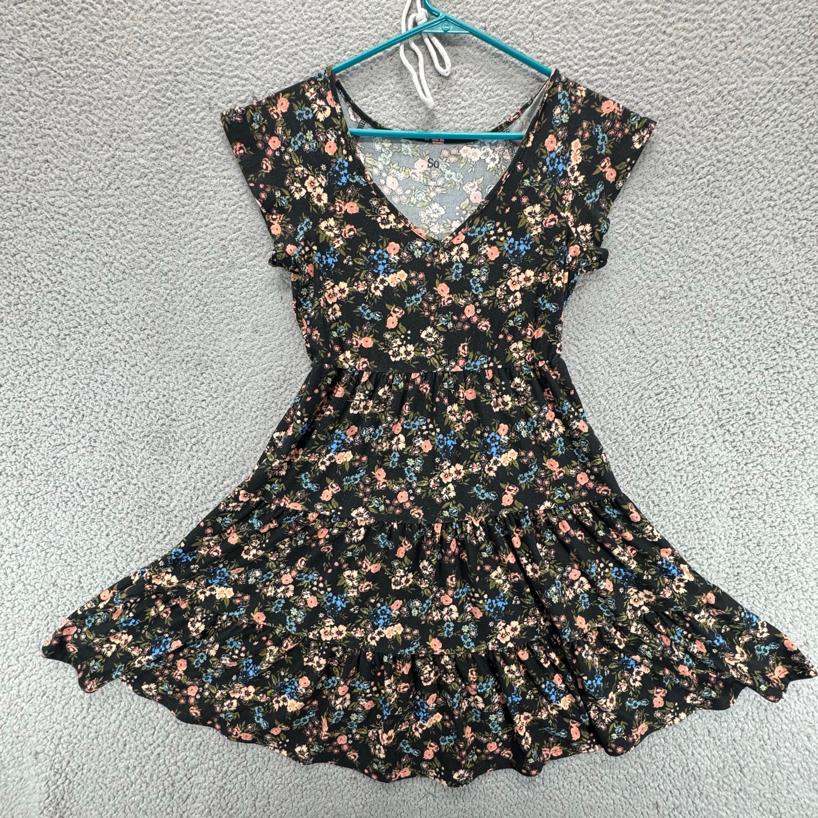 So Womens Short Flutter Sleeves Tiered Ruffle Mini Dress Floral Multi Size XS