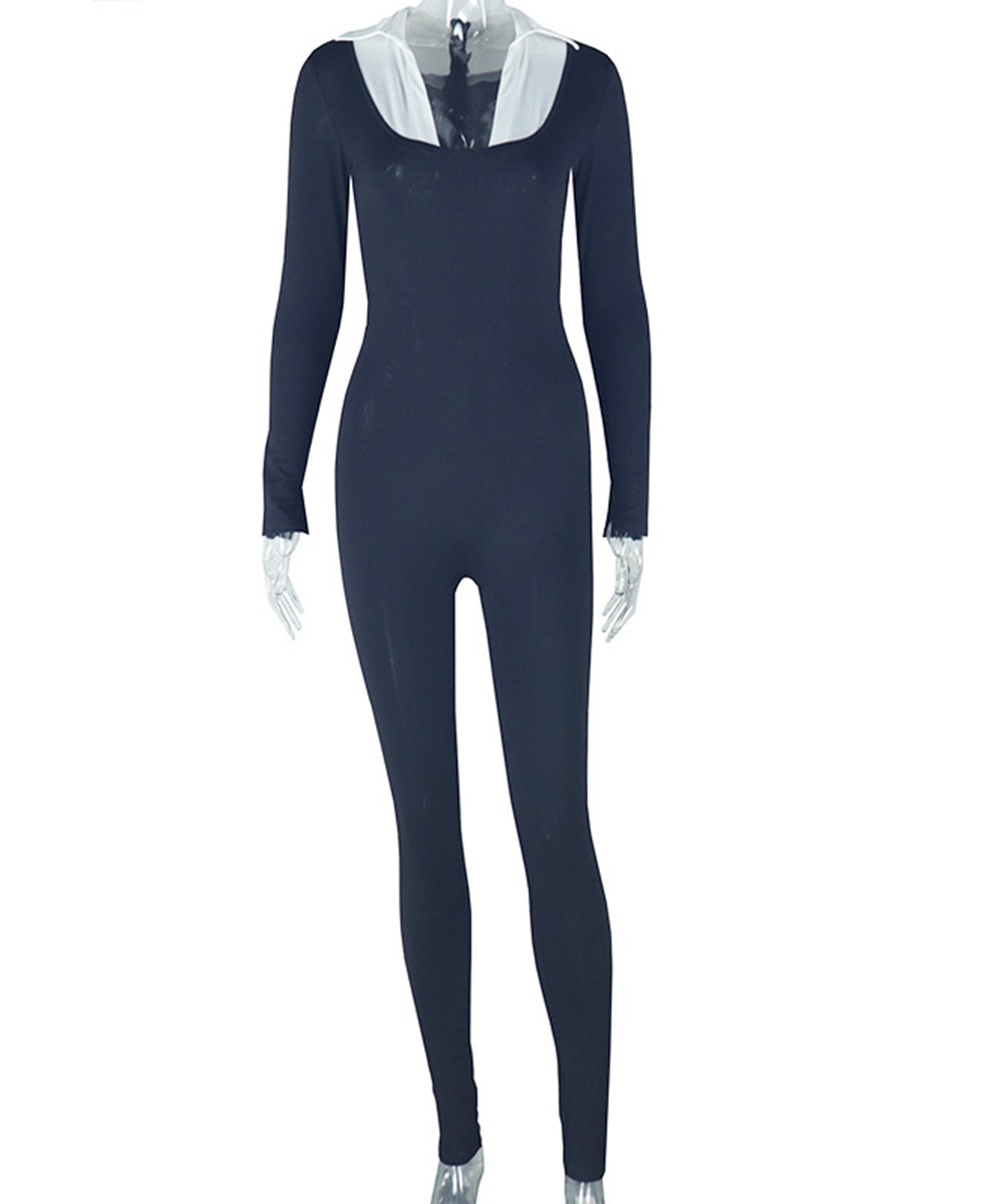 Sleek Contrast Collar Catsuit Jumpsuit