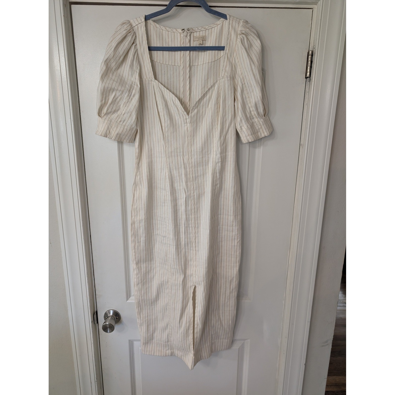 Pilcro Sweetheart Zip-Front Column Midi Dress Striped Puff Sleeve Cream medium