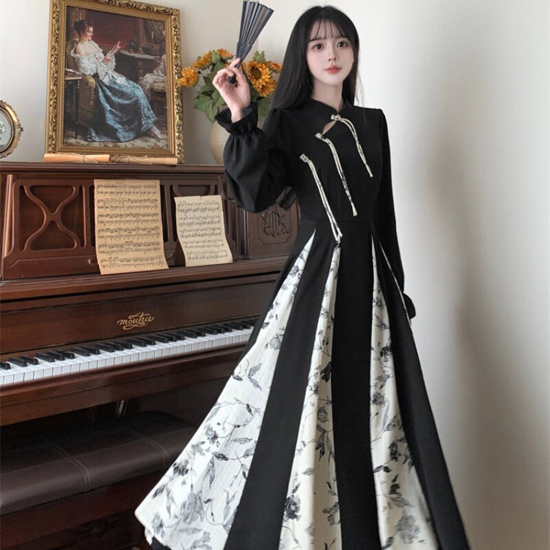 Women Cheongsam Dress Retro Splicing Qipao Big Swing Gothic Chinese Style Party