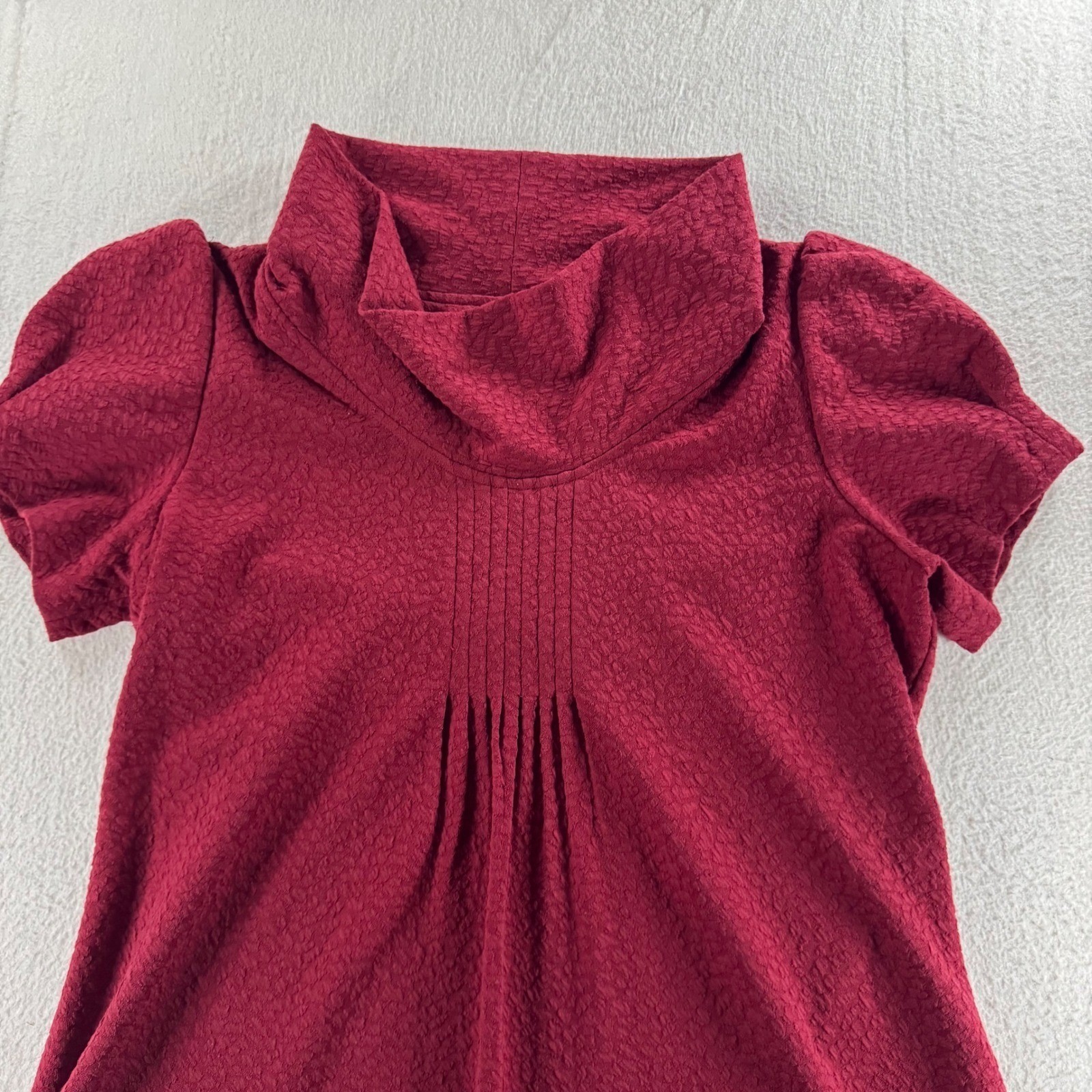 Burgundy Textured Cowl Neck Shift Dress Womens L Red Puff Sleeve Pintuck Exc