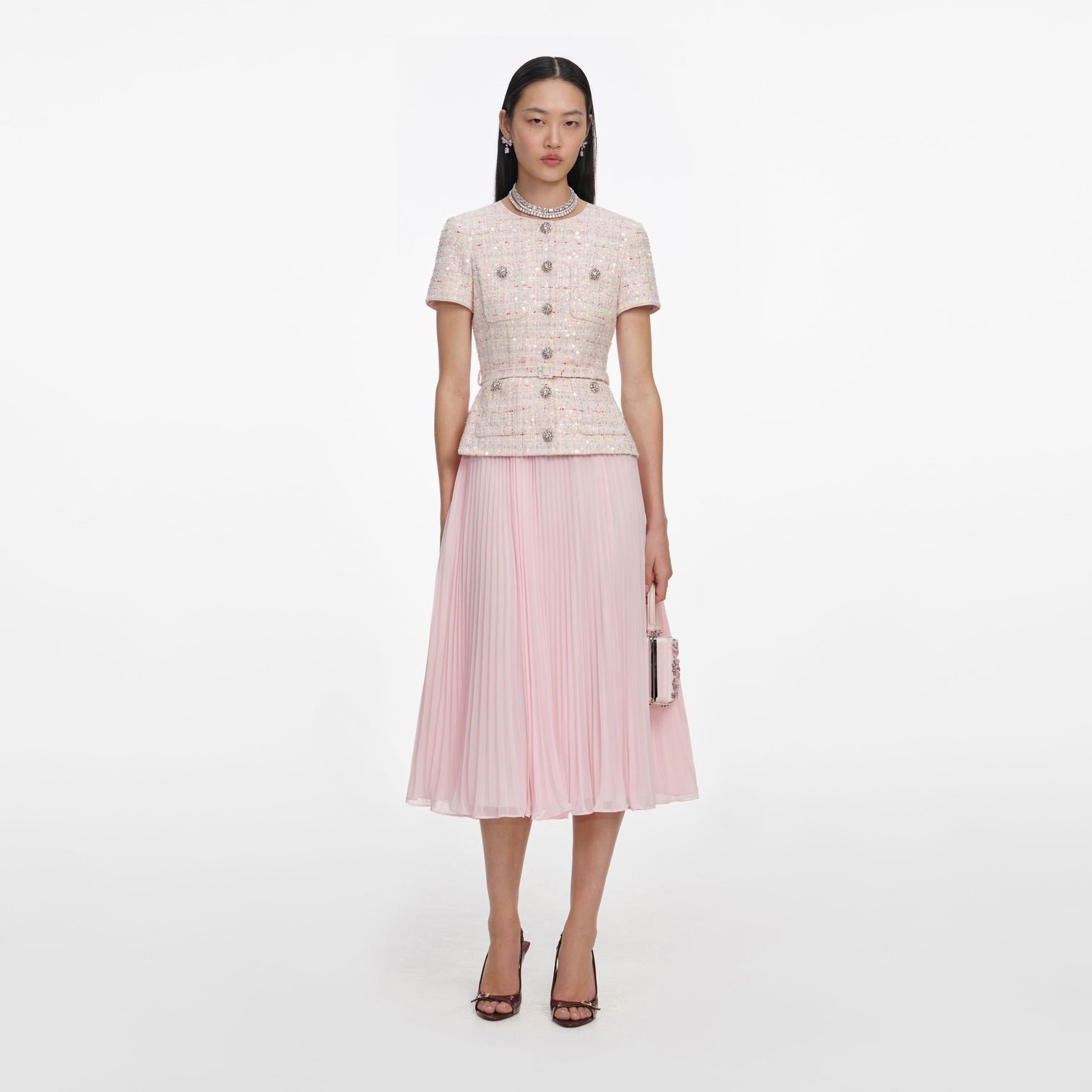self portrait PINK SEQUIN BOUCLE TAILORED MIDI DRESS $ 750 Size US 0 UK 4