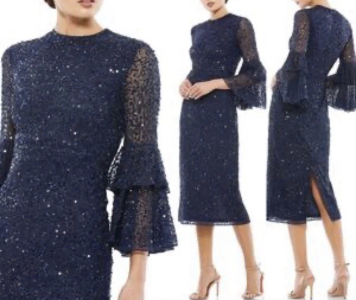 MAC DUGGAL 10802 SEQUINED RUFFLED TIERED 3/4 BELL SLEEVE MIDI NAVY DRESS 10