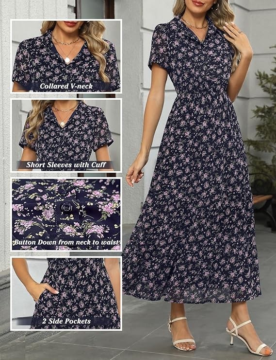 NWT Kranda 2026 Dress XXL Collared V Neck Short Sleeve Tiered Maxi Blue Pink Flo