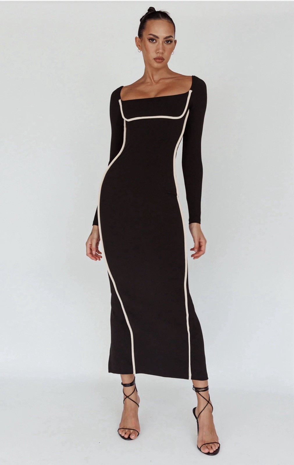 NWT Fashion Nova Long Sleeve Black Maxi Bodycon Dress w/Cream Piping Size L