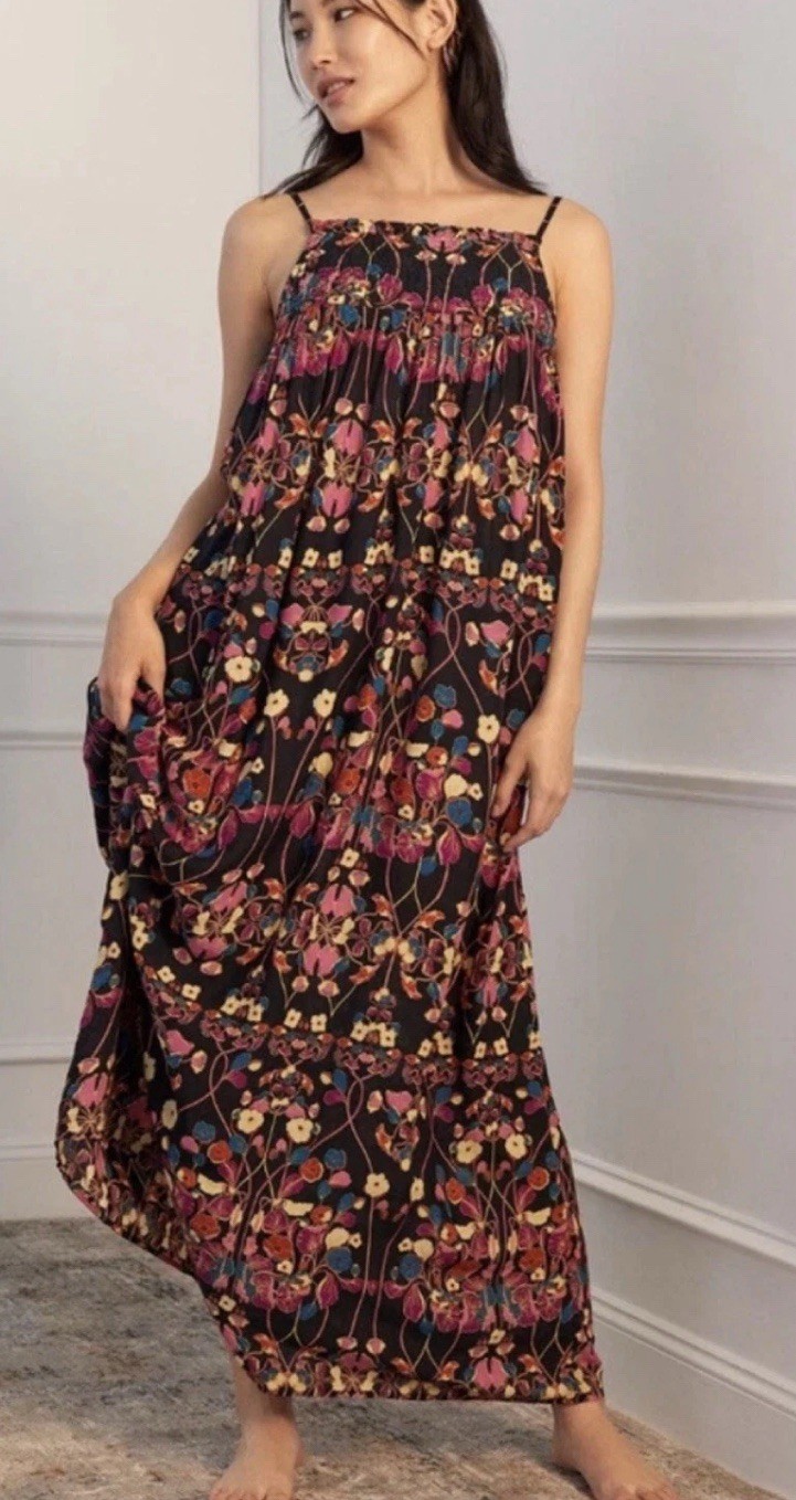 Anthropologie Black Floral Quilted Spaghetti Strap Shift Maxi Dress Small Boho