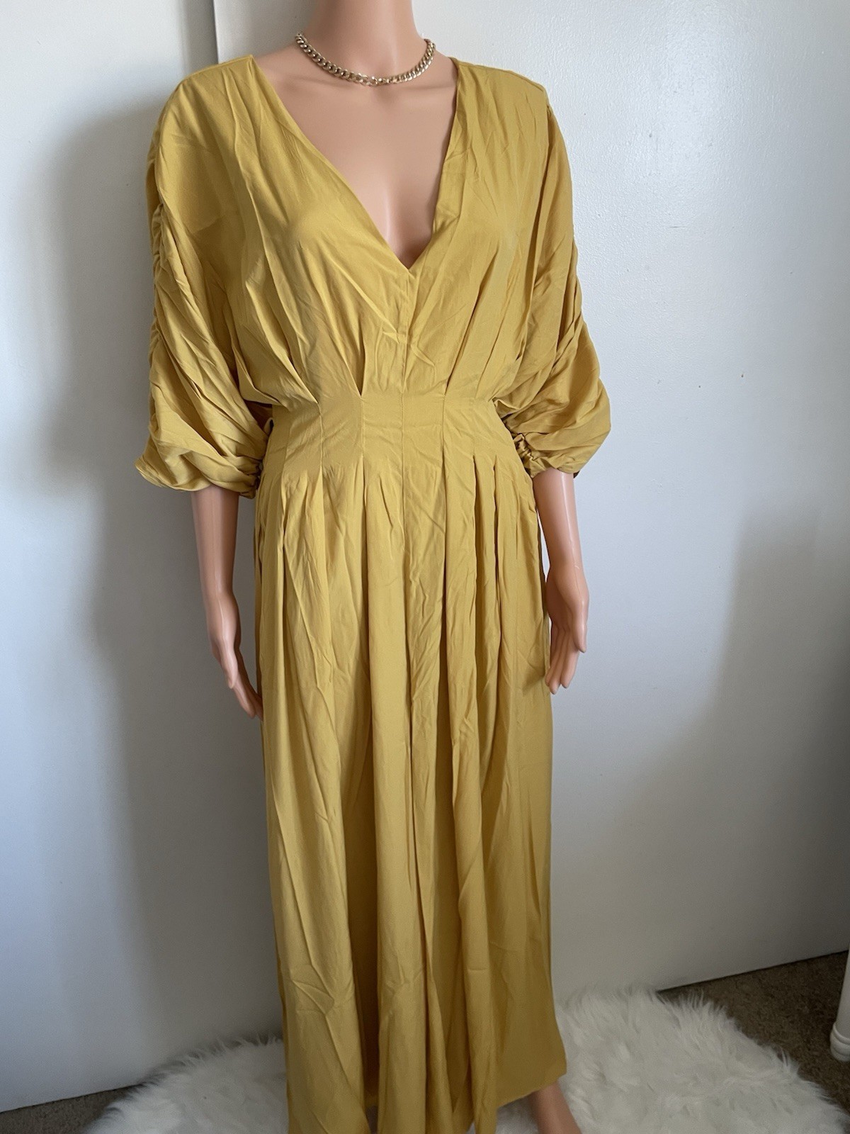 Yellow V-Neck Pleated Maxi Sundress 3/4 Puff Sleeve Solid Polyester M