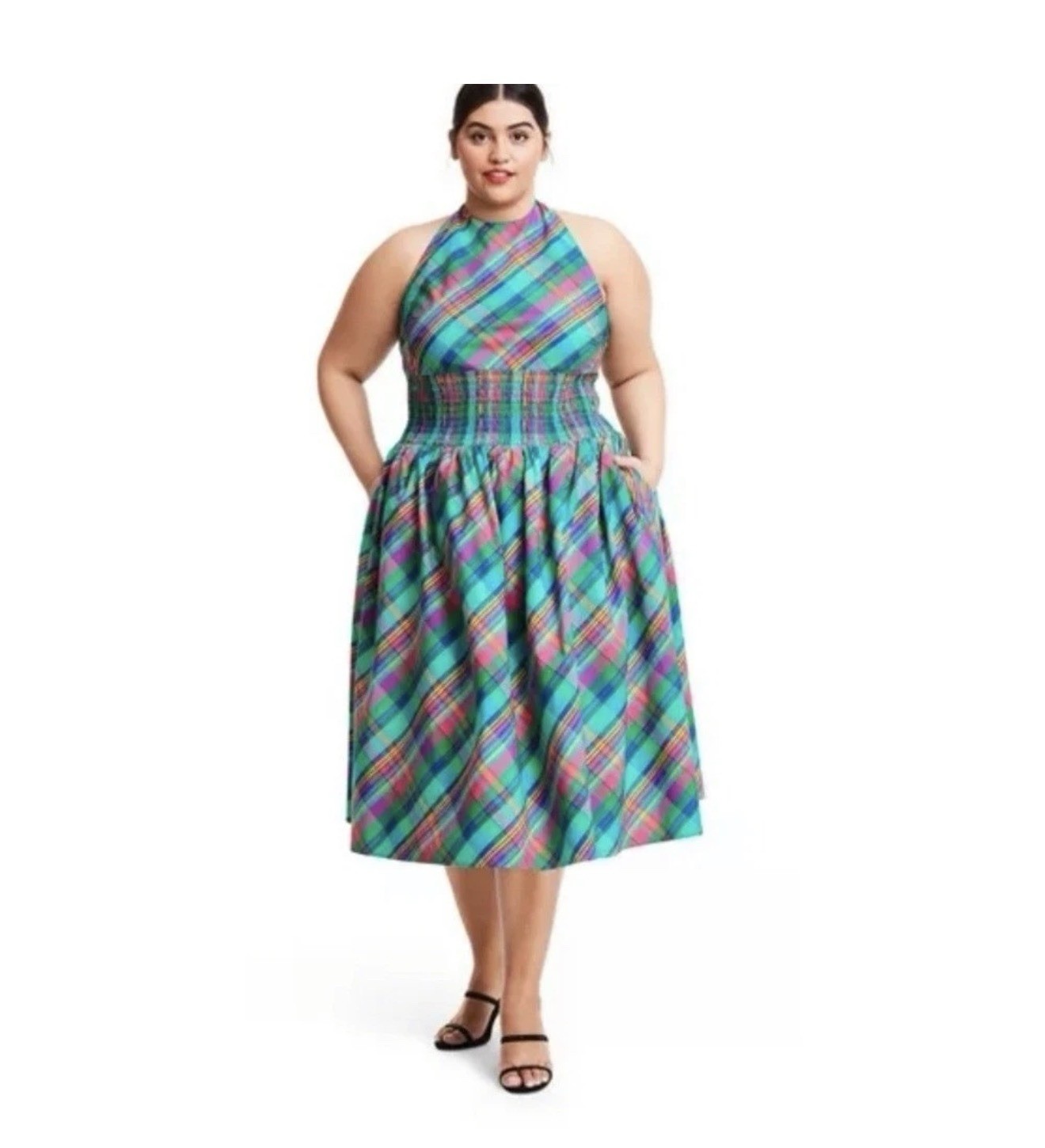 Christopher John Rogers Target Plaid Halter Dress Multicolor Smocked 16W/18W NEW