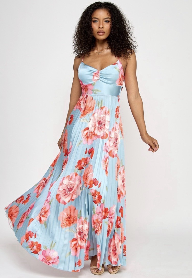 Katia Rae Juniors’ Floral Bow-Back Pleated Maxi Dress – Blue Coral