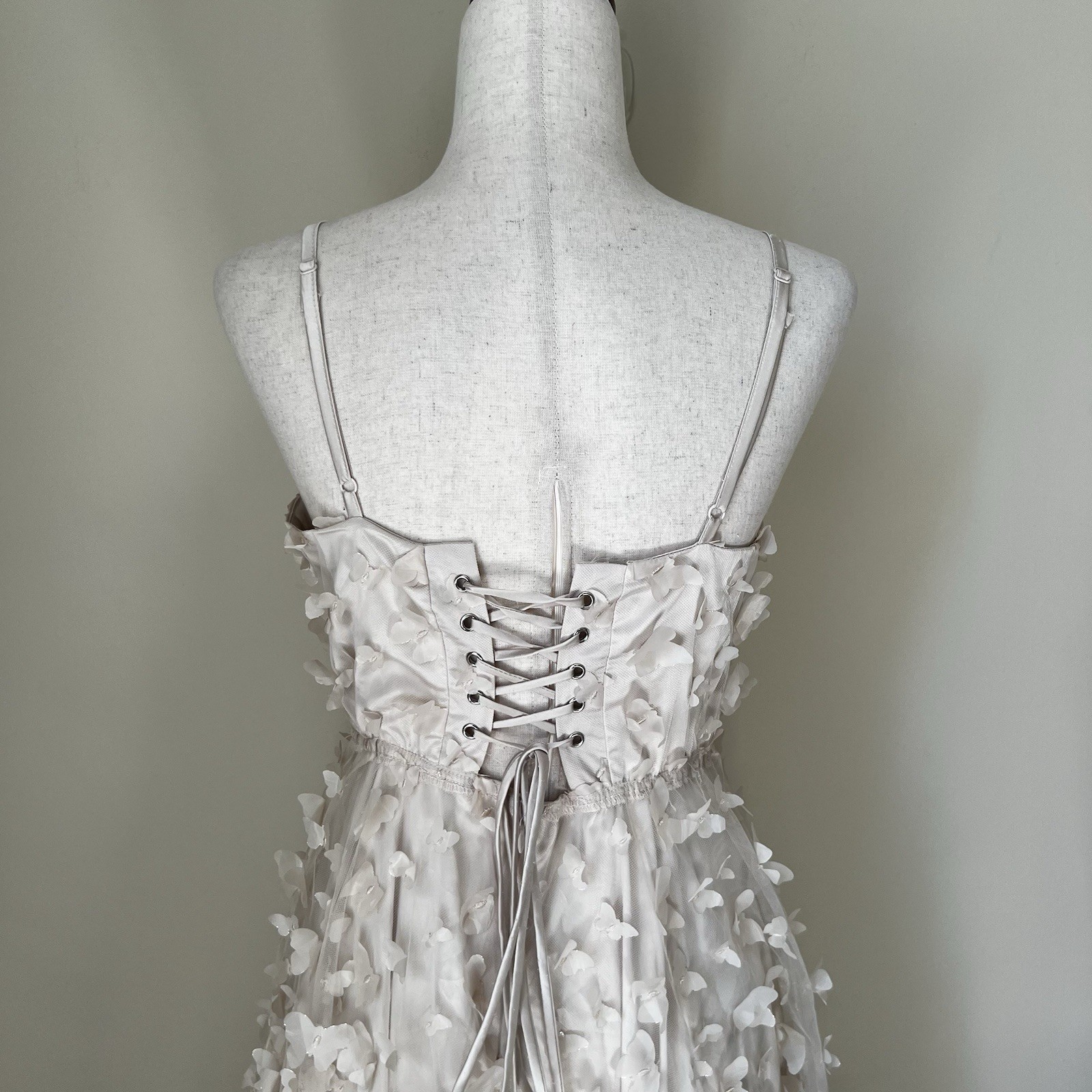 Butterfly Applique Lace Up Corset Midi Dress Cream Romantic Sz L Off White Tulle