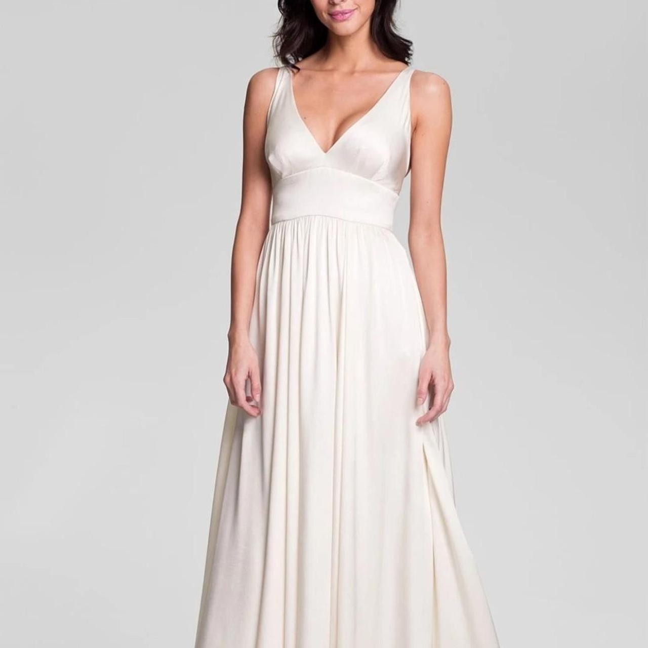 Nicole Miller ‘Elizabeth’ Crisscrossed Back Silk A-Line Wedding Gown Ivory