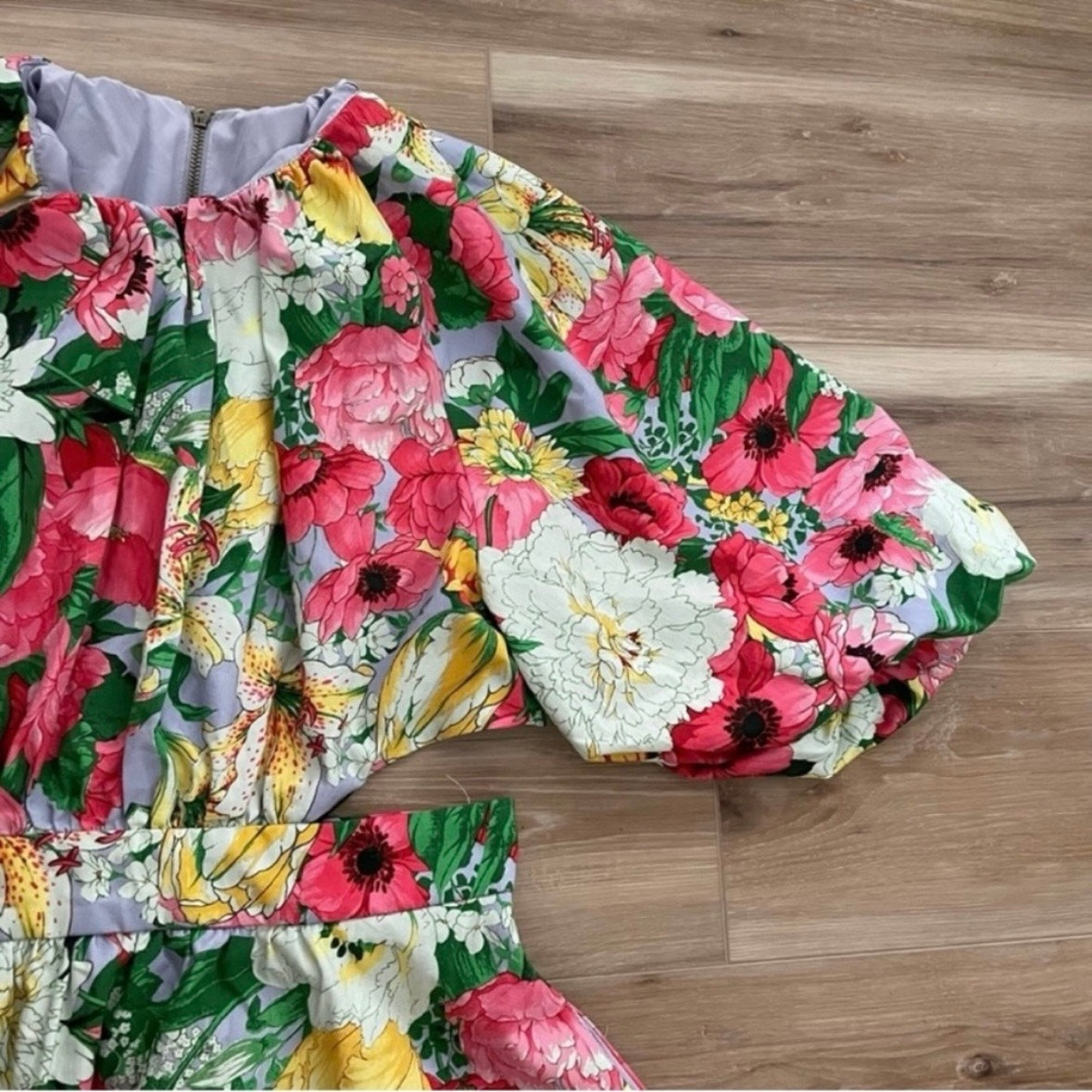 ASOS EDITION Puff Sleeve Cut Out Back Dress in Pink Floral 6