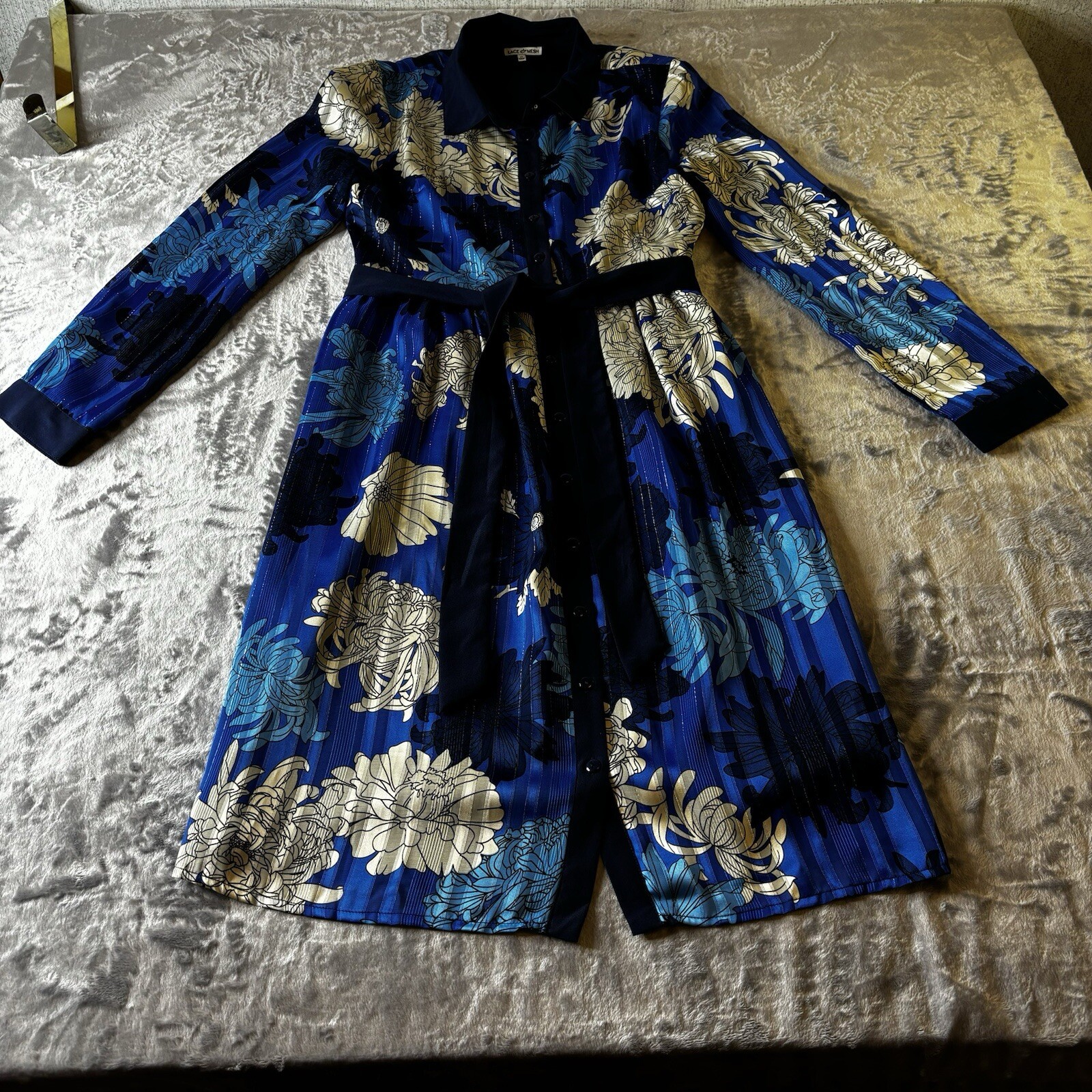 Lace & Mesh Dress Womens Medium Blue Floral Pleated Belted Button Front Career