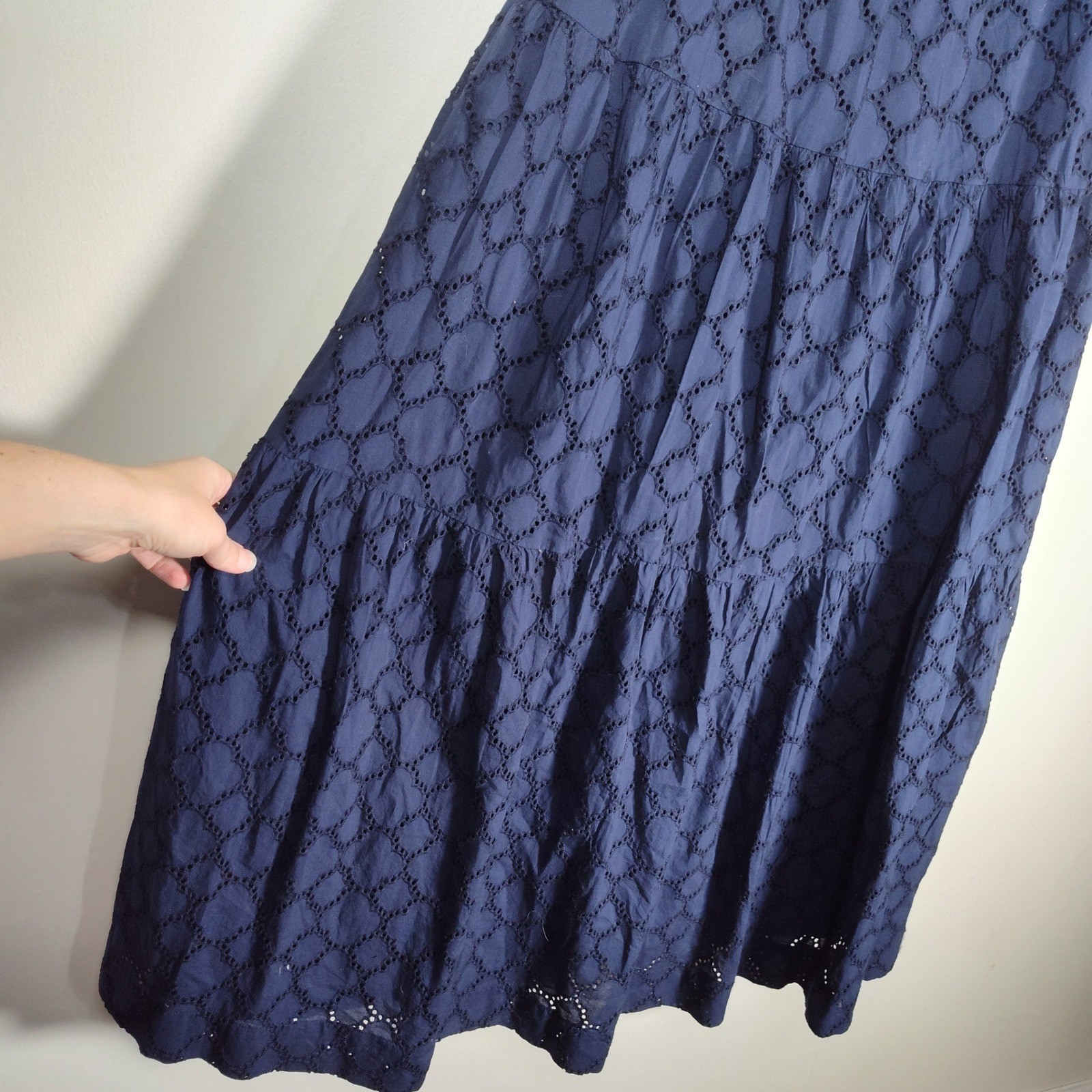 Crown & Ivy NWT Off Shoulder Navy Blue Eyelet Ruffle Tiered Midi Dress Large