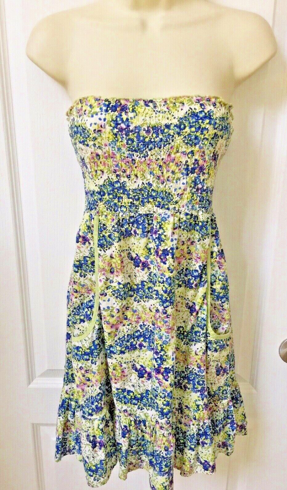 Alyn Paige Small Woman’s Blue Green Purple White Floral Strapless Summer Dress