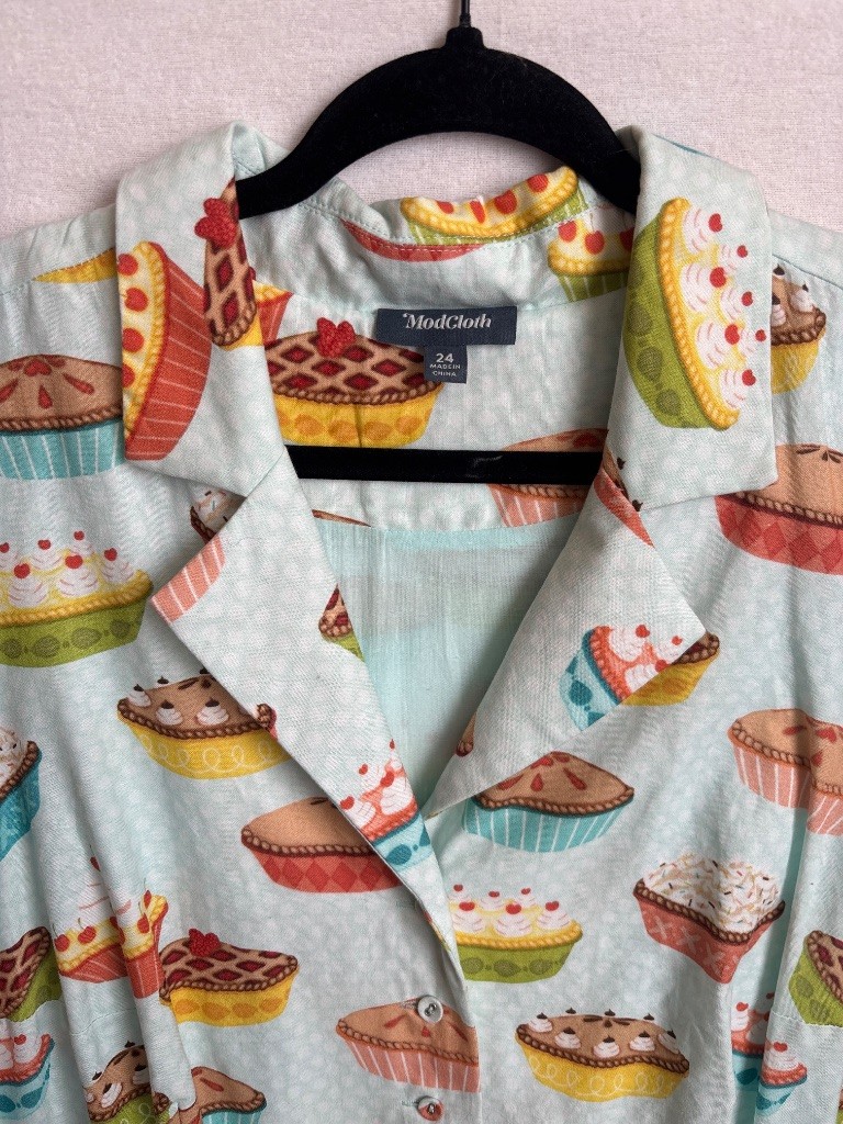 ModCloth Pie & Cupcake Print Lt Blue Cotton Fit & Flare Dress Size 24 Twee