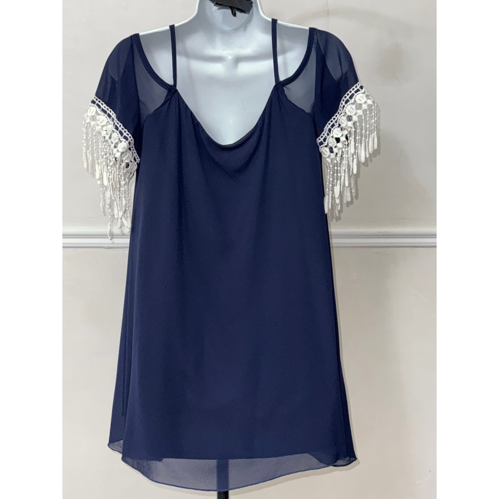 A’GACI Navy Blue Cold Shoulder Mini Dress White Crochet Lace Fringe Small