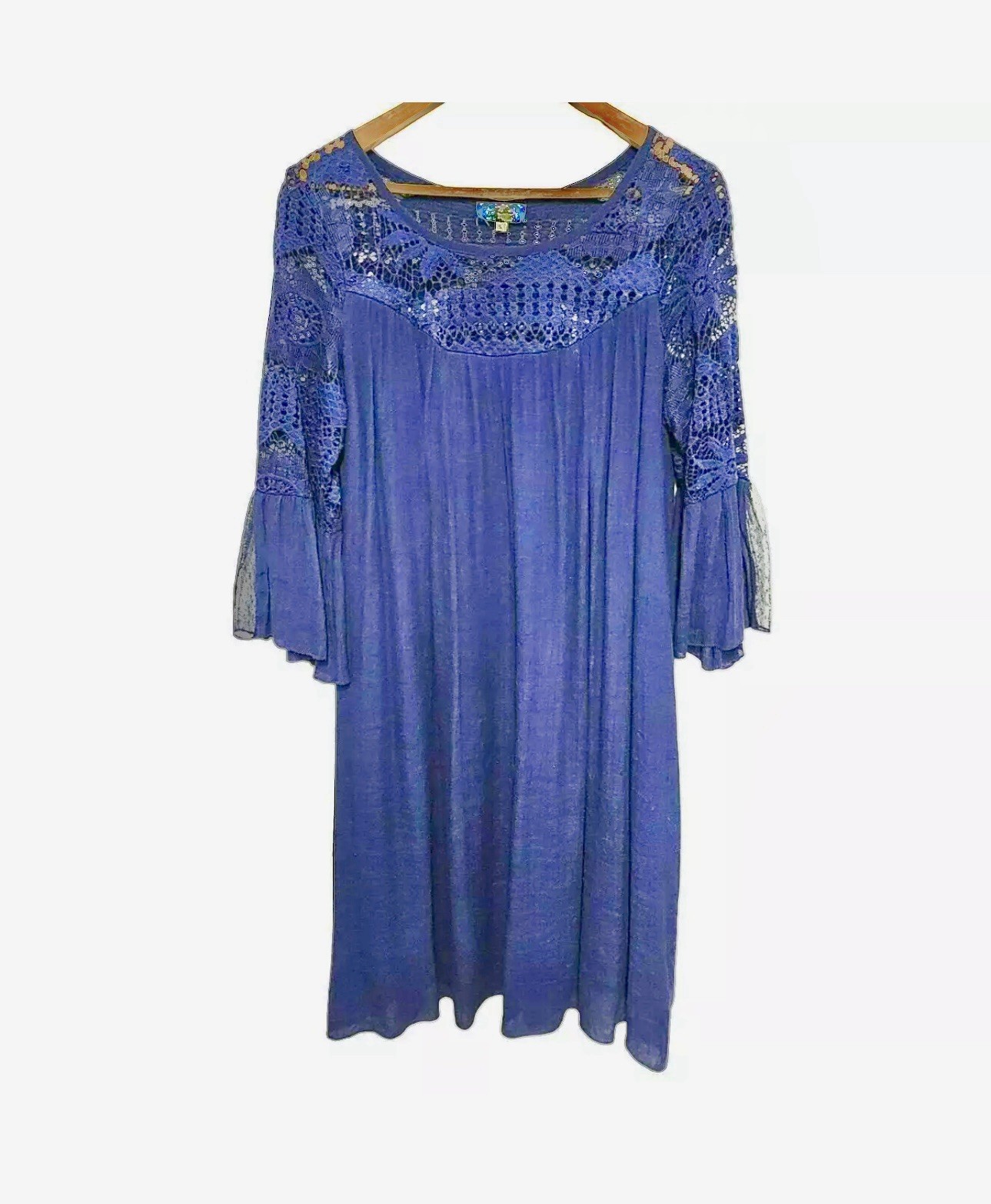J Gee Shift Dress Navy Crochet Top Bell Sleeve Boho Hippie Lightweight XL